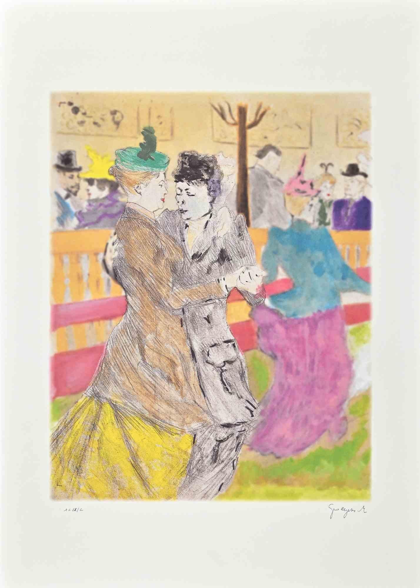La Danse est une lithographie originale en couleur, retouchée à la main, réalisée par l'artiste belge Martine Goeyens.

Au dos, l'étiquette du certificat d'authenticité de la "Fondazione Di Paolo".

Signé à la main en bas à droite au