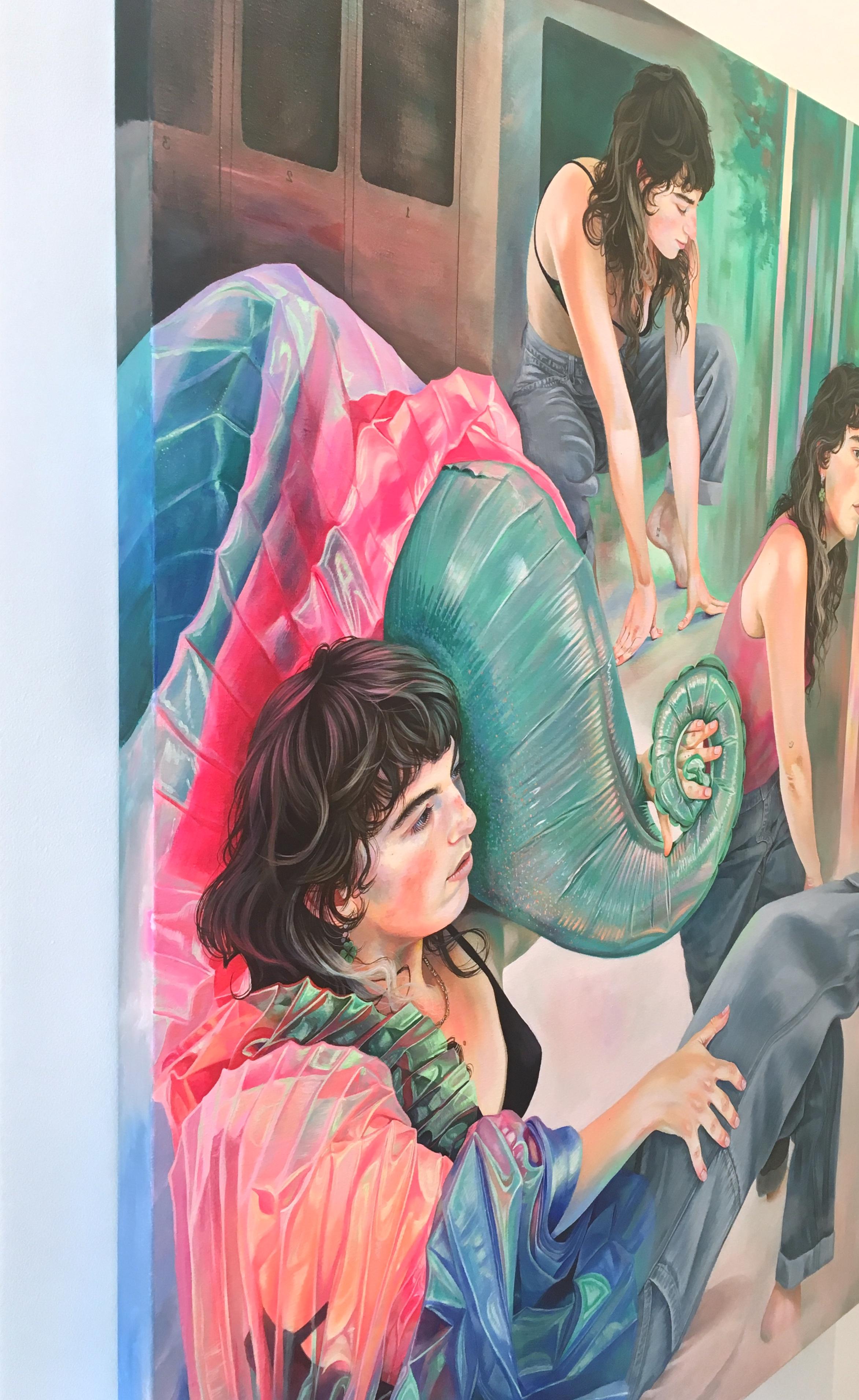 The Magic Statues, acrylic on linen  - Blue Portrait Painting by Martine Johanna