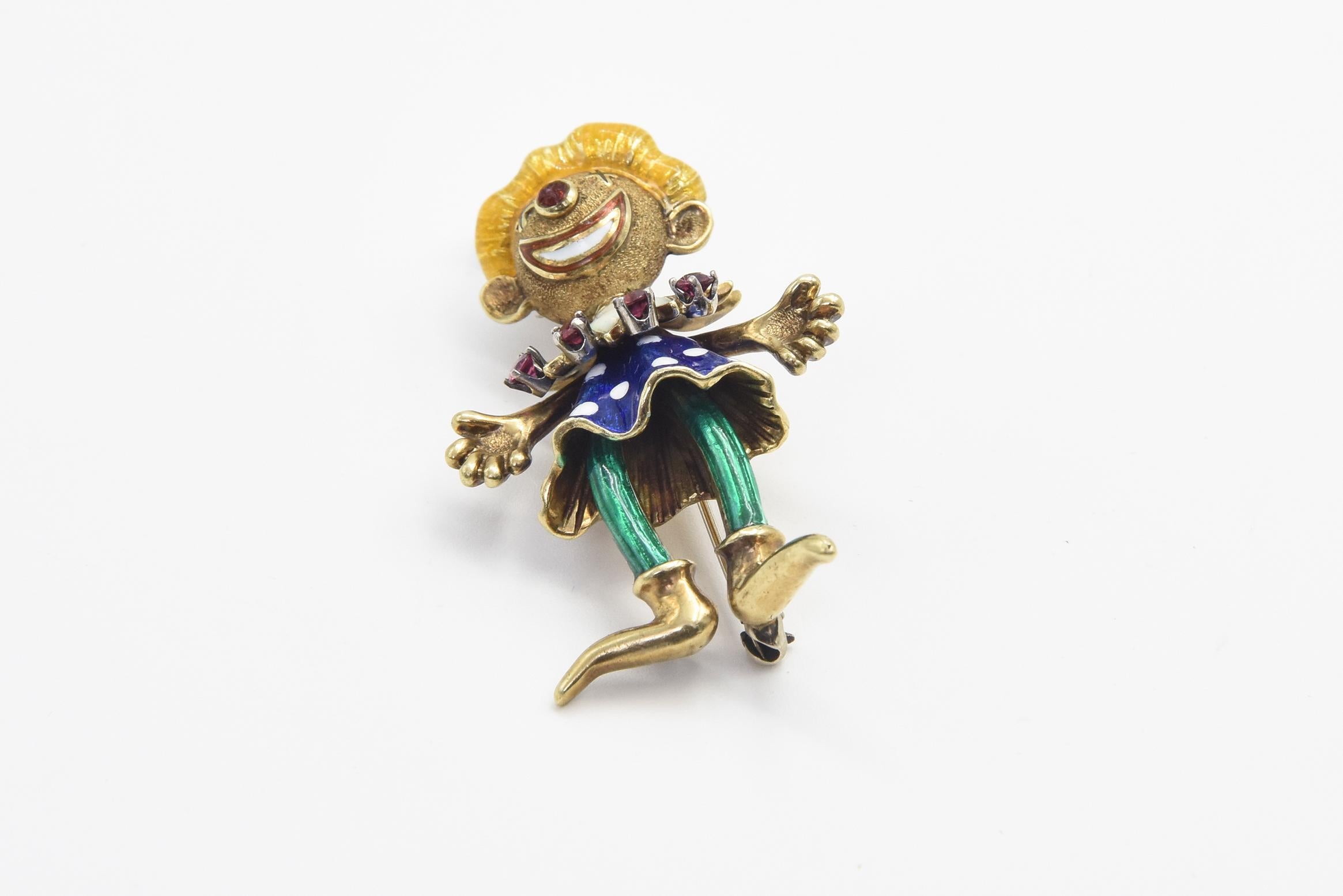 Women's or Men's Martine Articulated Enamel Smiling Clown Girl Ruby Yellow Gold Brooch For Sale