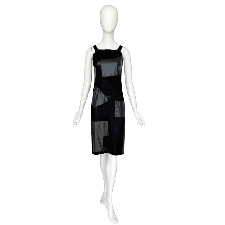 Martine Sitbon 90s Vintage Black Viscose Slip Dress With Plastic Patchwork