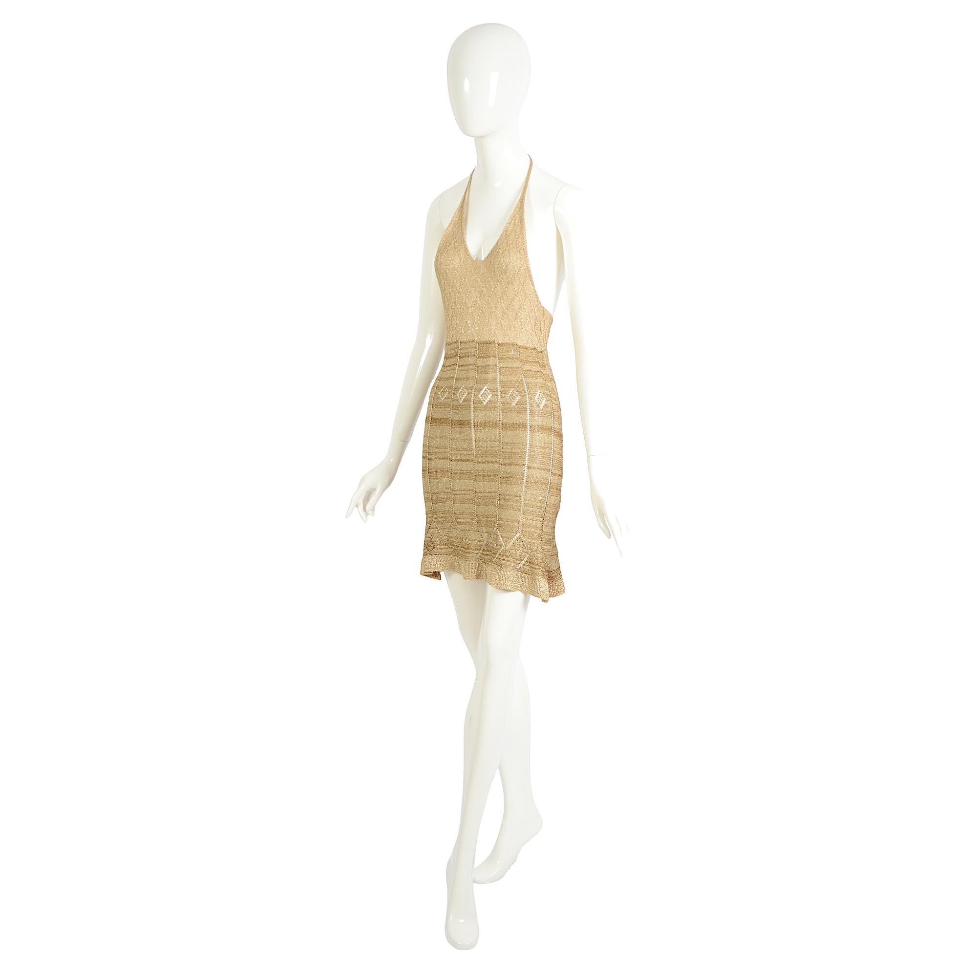 Martine Sitbon Colección Primavera Verano 1997 Mini Vestido Halter de Punto Dorado Oro en venta