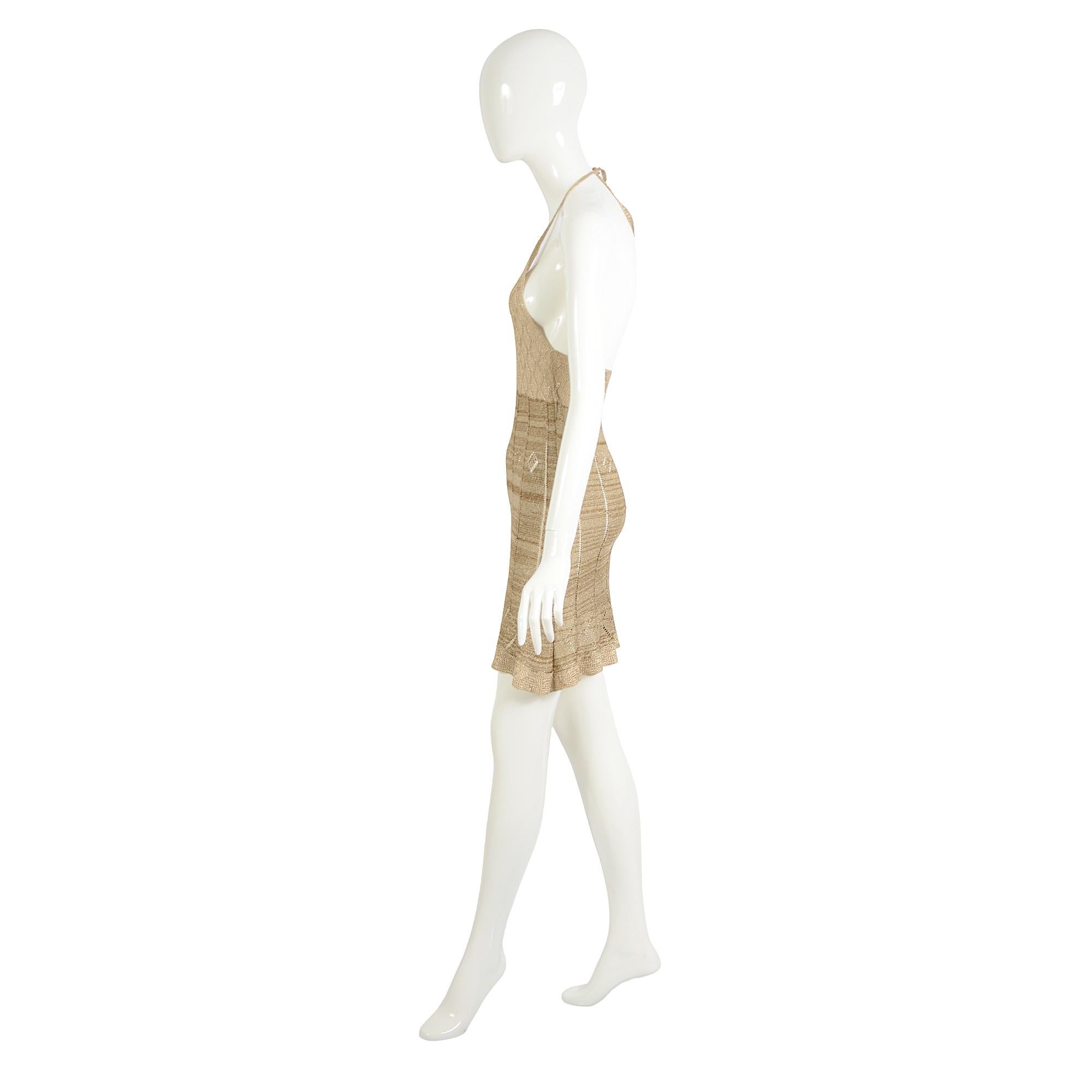 Martine Sitbon Colección Primavera Verano 1997 Mini Vestido Halter de Punto Dorado en Excelente estado para la venta en Antwerpen, Vlaams Gewest