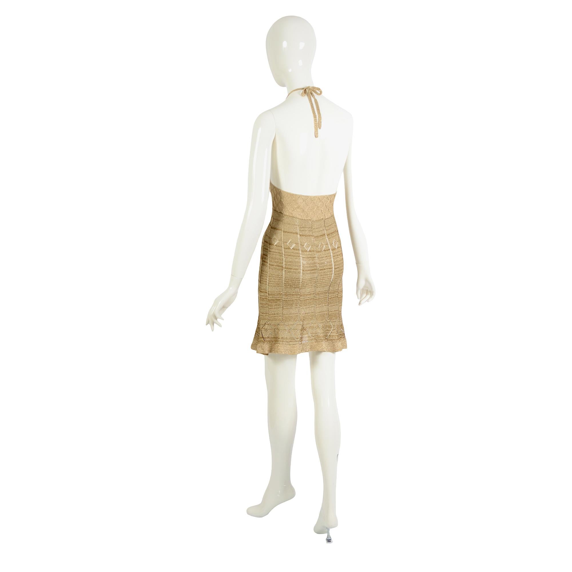 Femenino o masculino Martine Sitbon Colección Primavera Verano 1997 Mini Vestido Halter de Punto Dorado en venta