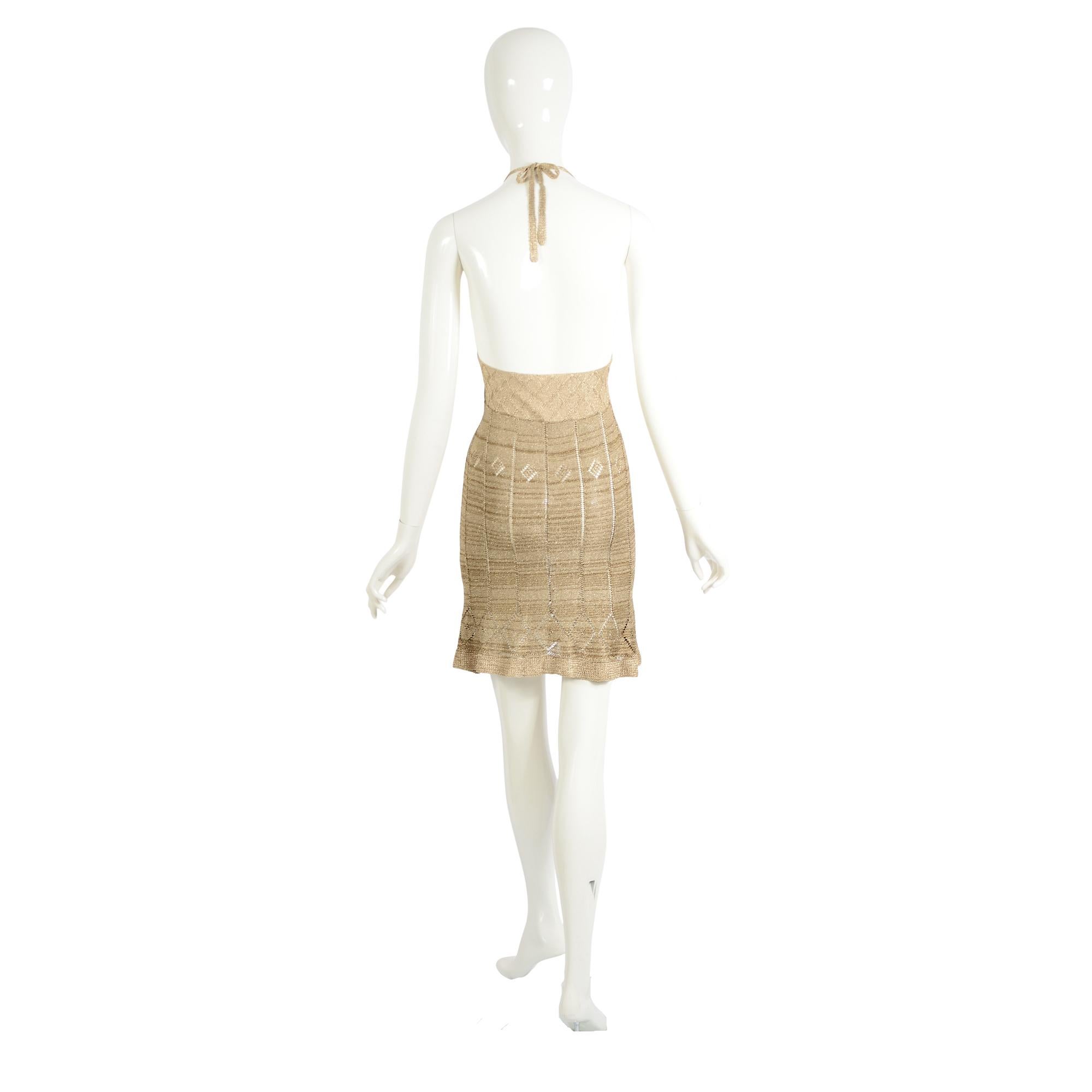 Martine Sitbon Colección Primavera Verano 1997 Mini Vestido Halter de Punto Dorado en venta 1