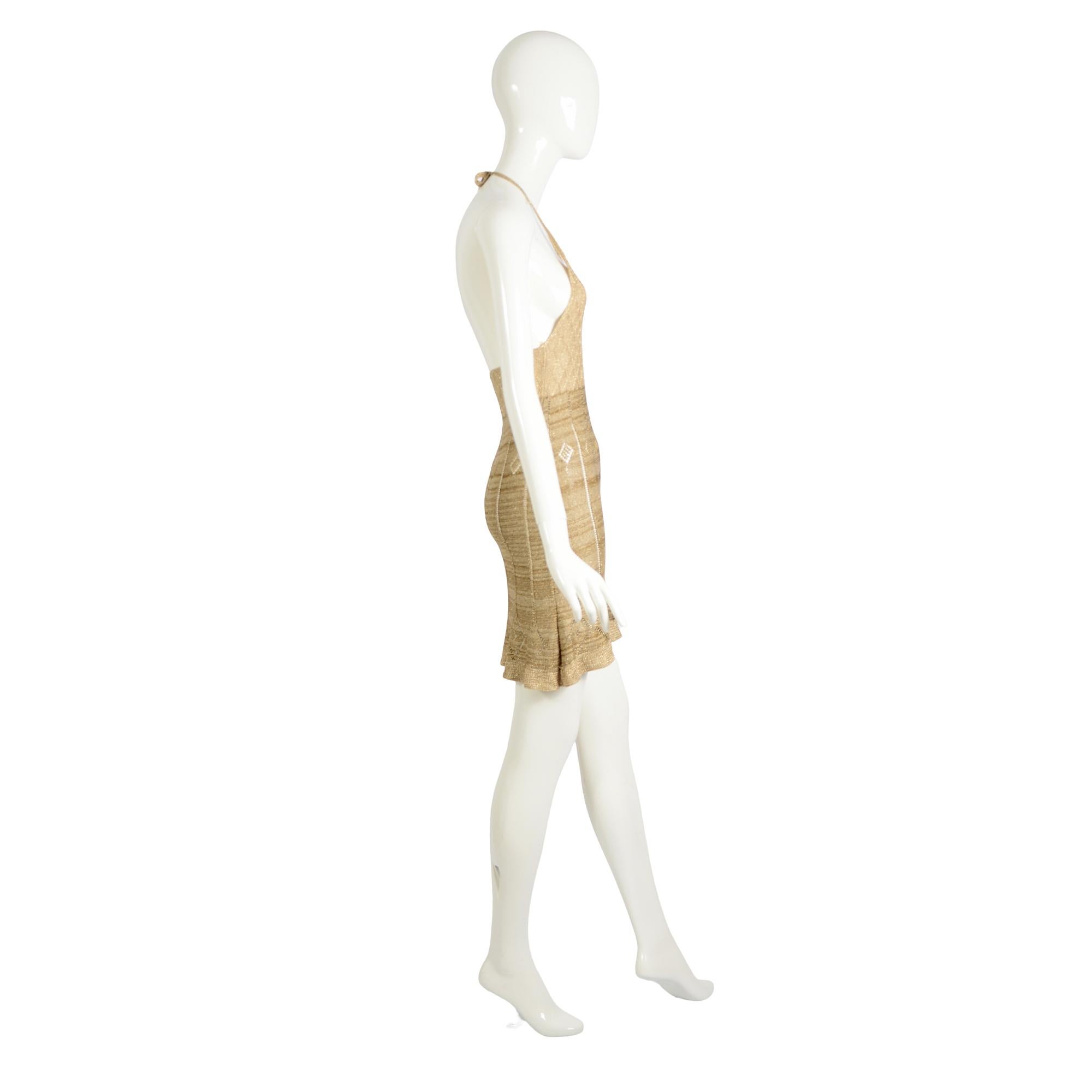 Martine Sitbon Colección Primavera Verano 1997 Mini Vestido Halter de Punto Dorado en venta 3