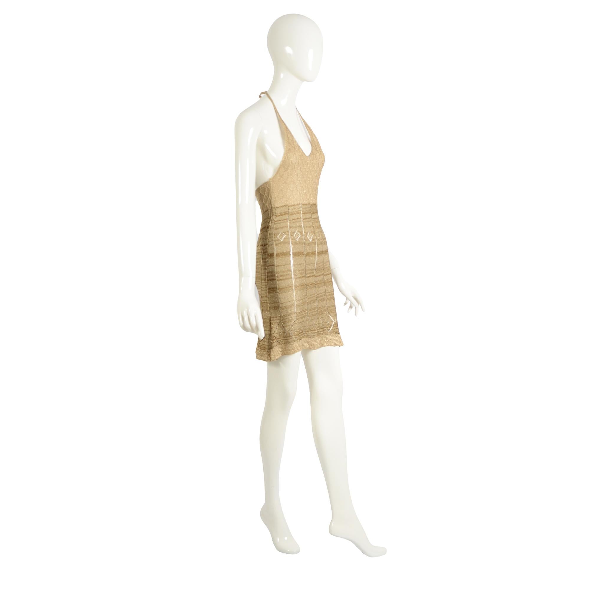 Martine Sitbon Colección Primavera Verano 1997 Mini Vestido Halter de Punto Dorado en venta 4