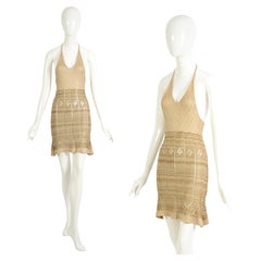 Martine Sitbon Colección Primavera Verano 1997 Mini Vestido Halter de Punto Dorado