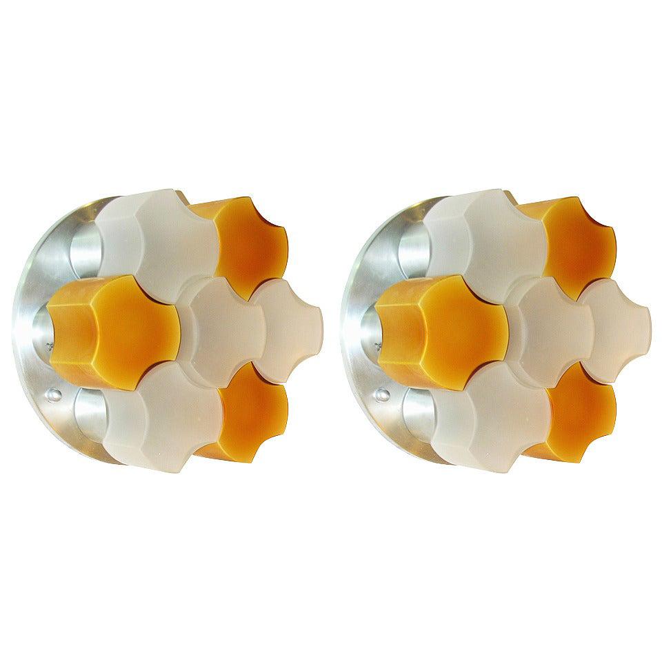Martinelli Luce Rare Pair of White and Orange Glass Wall or Flush Lights, 1963 For Sale