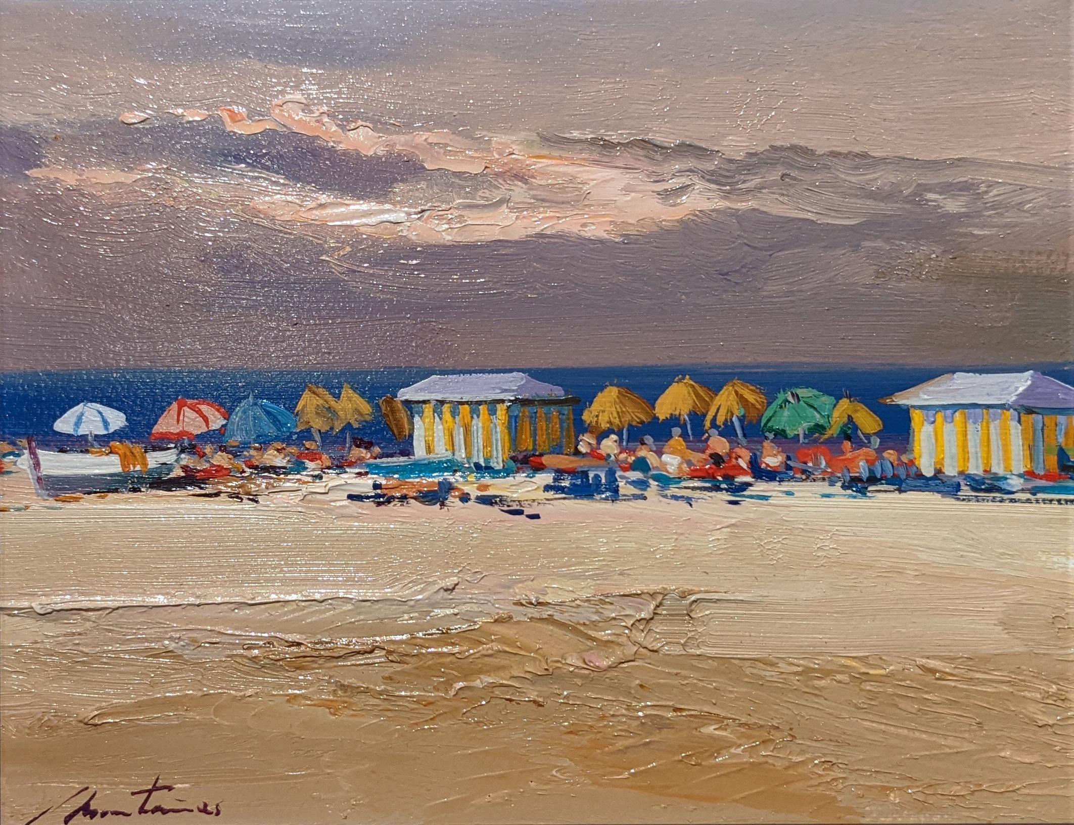 'Dusty Skies' Contemporary Beach Scene of parasols, sky, beach and sand. Purple - Painting by Martinez