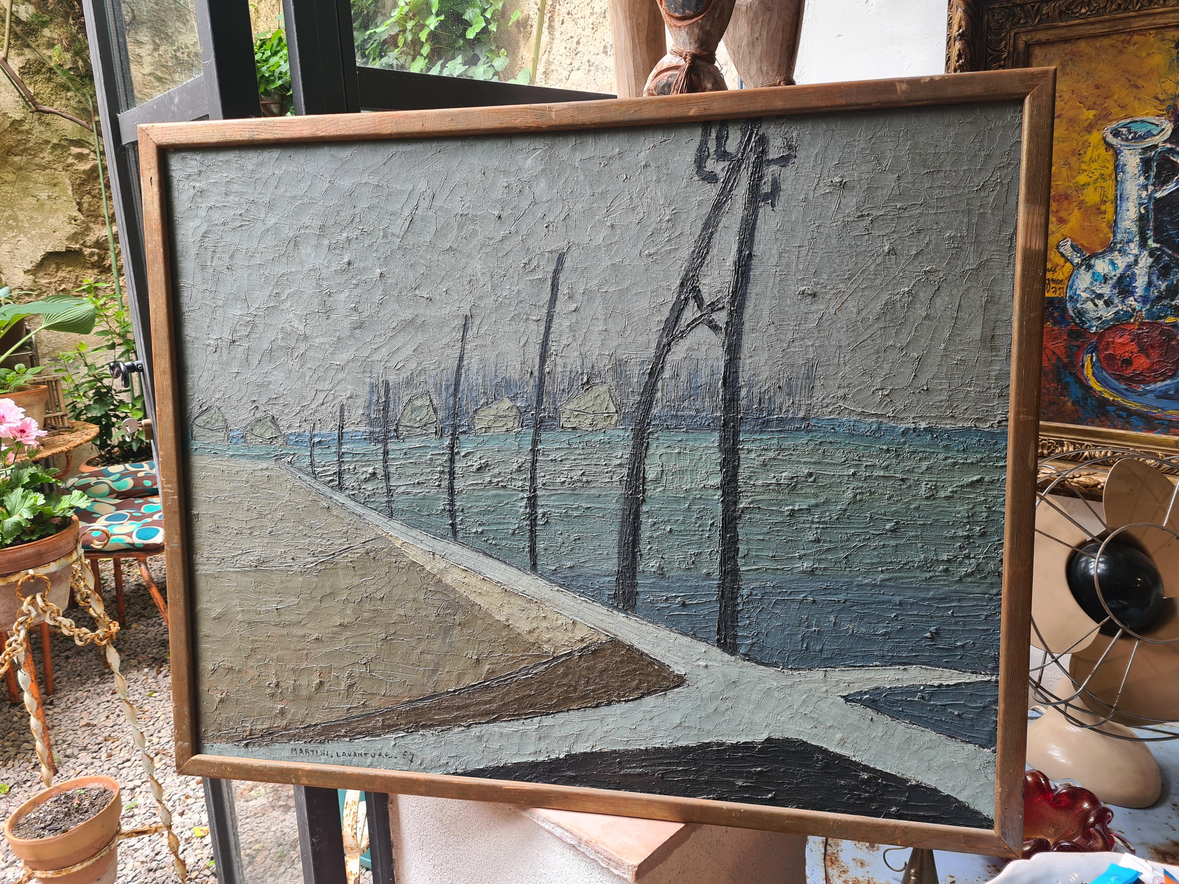 Großes französisches Ölgemälde auf Karton-Landschaft, Paysage de Beauce, Moderne der Mitte des Jahrhunderts im Angebot 7
