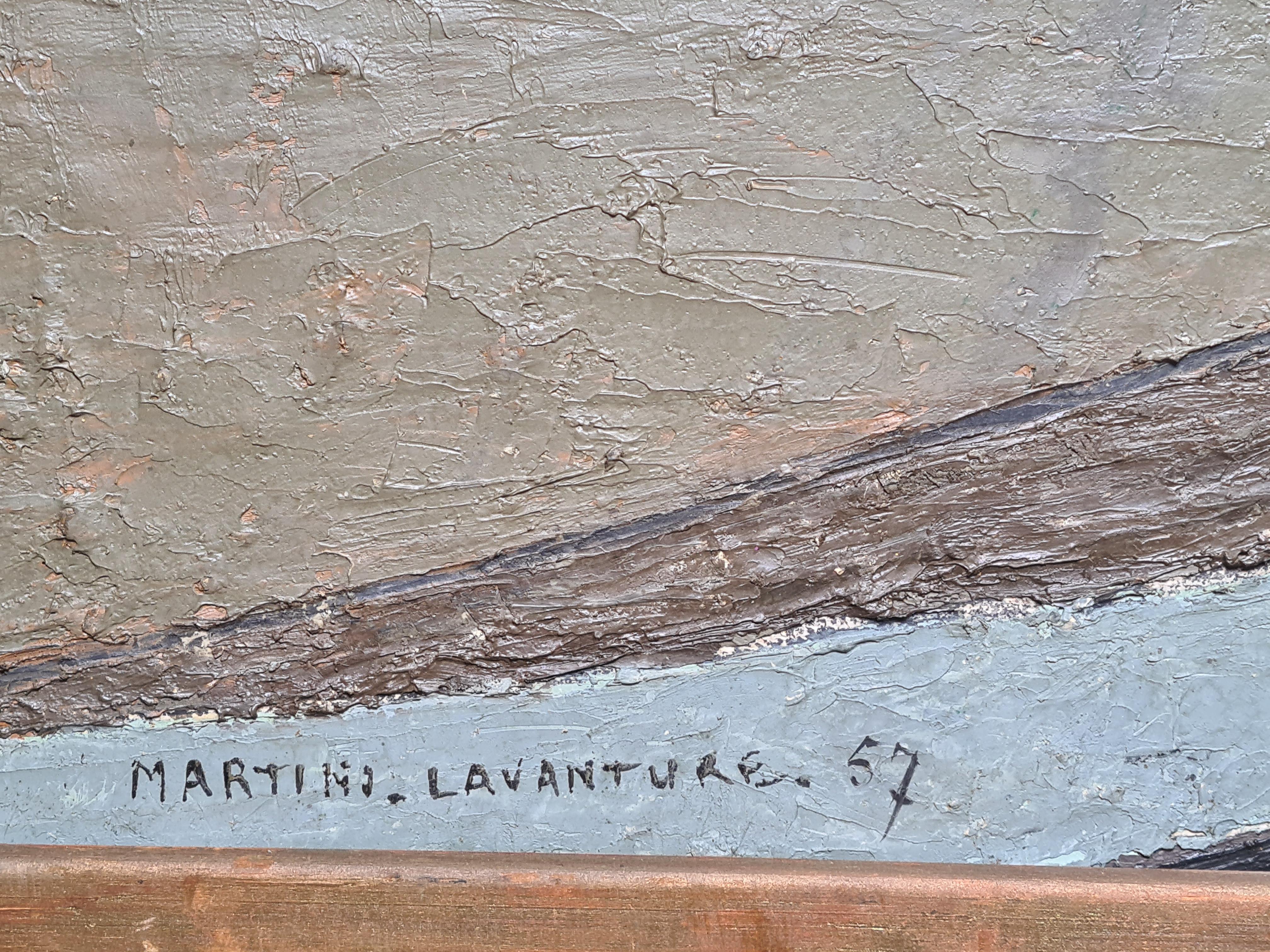 Großes französisches Ölgemälde auf Karton-Landschaft, Paysage de Beauce, Moderne der Mitte des Jahrhunderts – Painting von Martini Lavanture