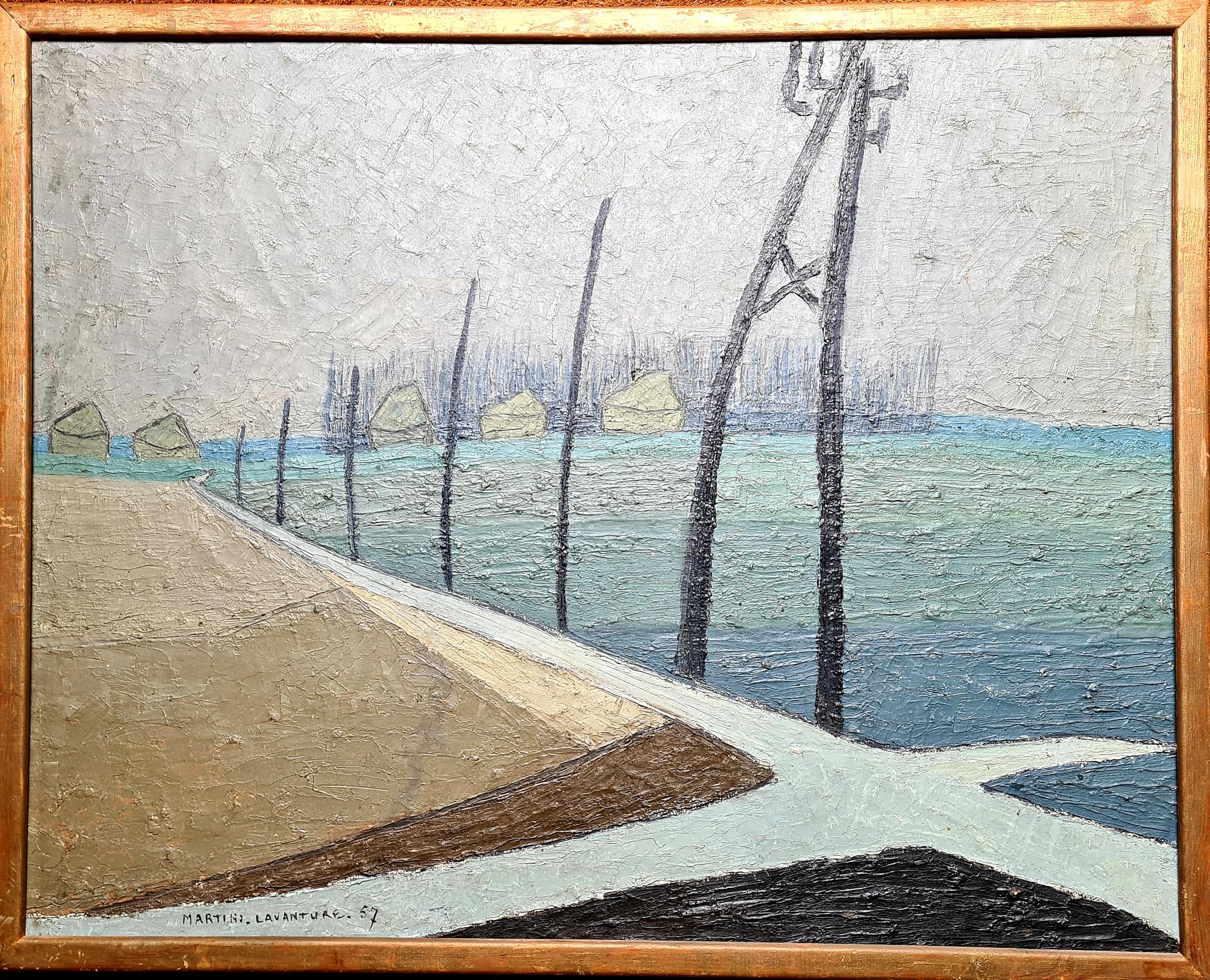 Martini Lavanture Landscape Painting – Großes französisches Ölgemälde auf Karton-Landschaft, Paysage de Beauce, Moderne der Mitte des Jahrhunderts