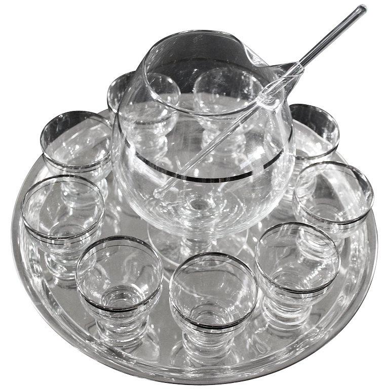 Mid-Century Modern Martini Set Consisting of Pitcher, Tray, Nine Glasses and Stirrer