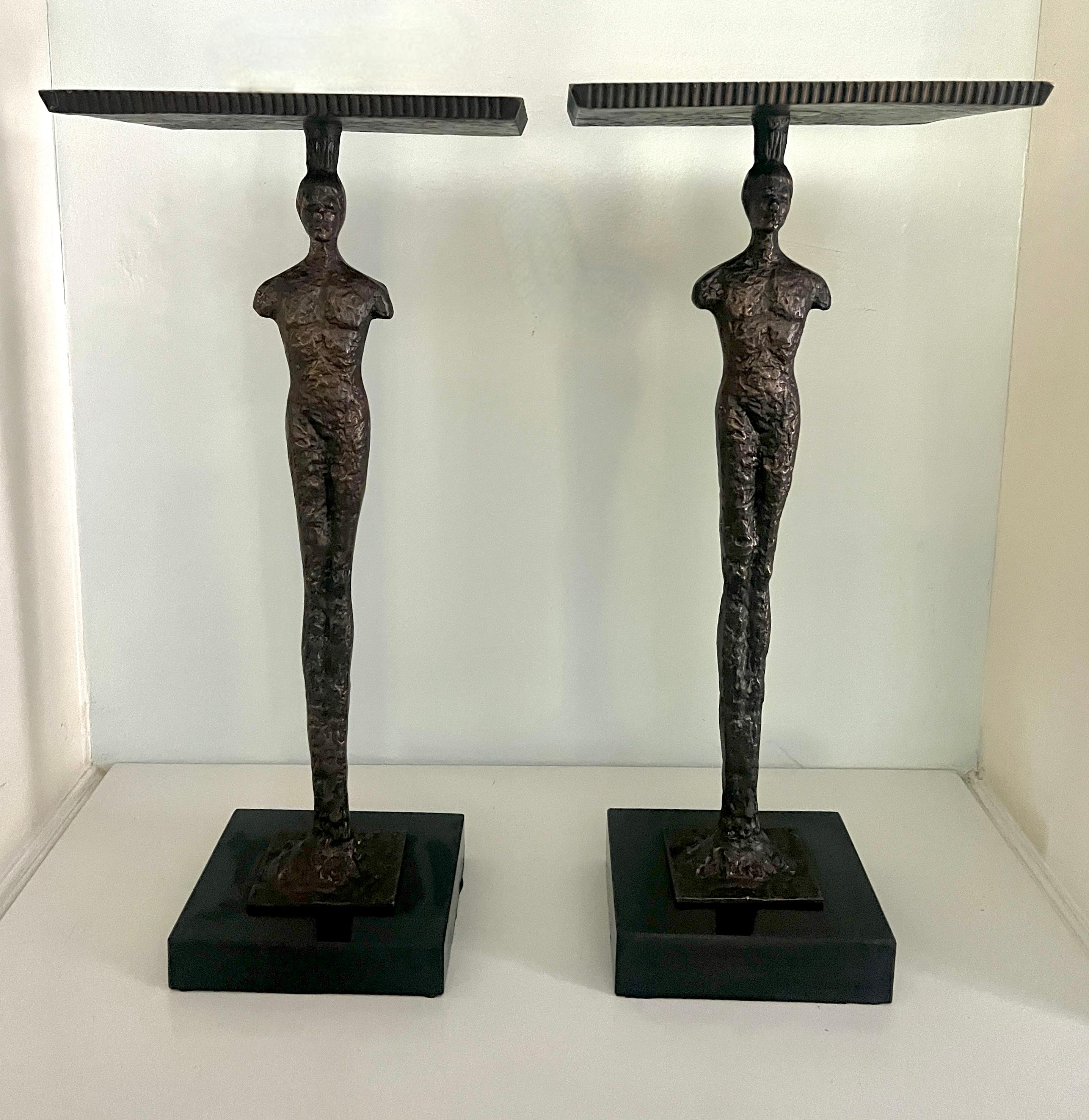 Brutalist Tables In the Style of Giacometti with Bronze Finish and Marble Bases 4