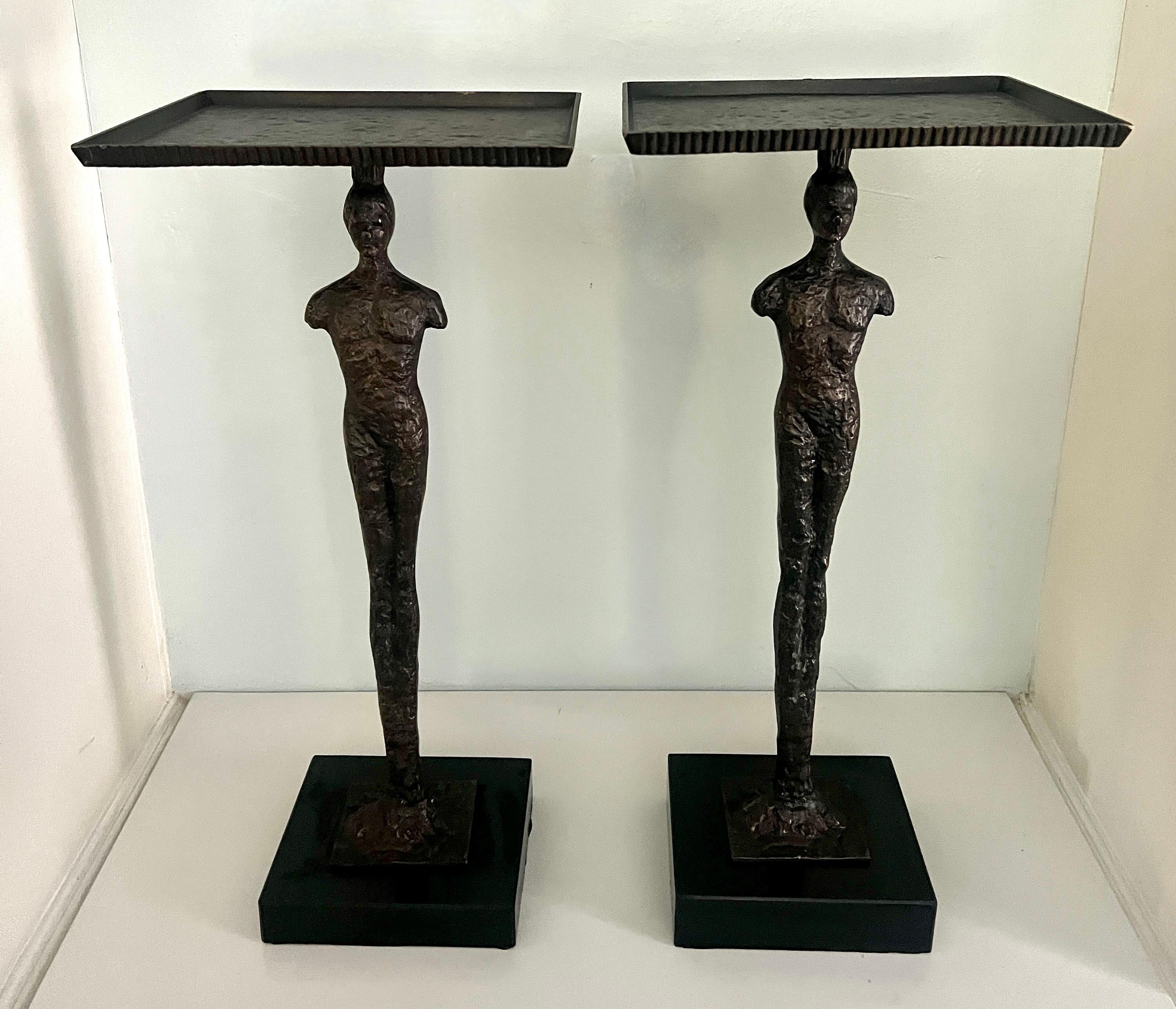 Brutalist Tables In the Style of Giacometti with Bronze Finish and Marble Bases 5