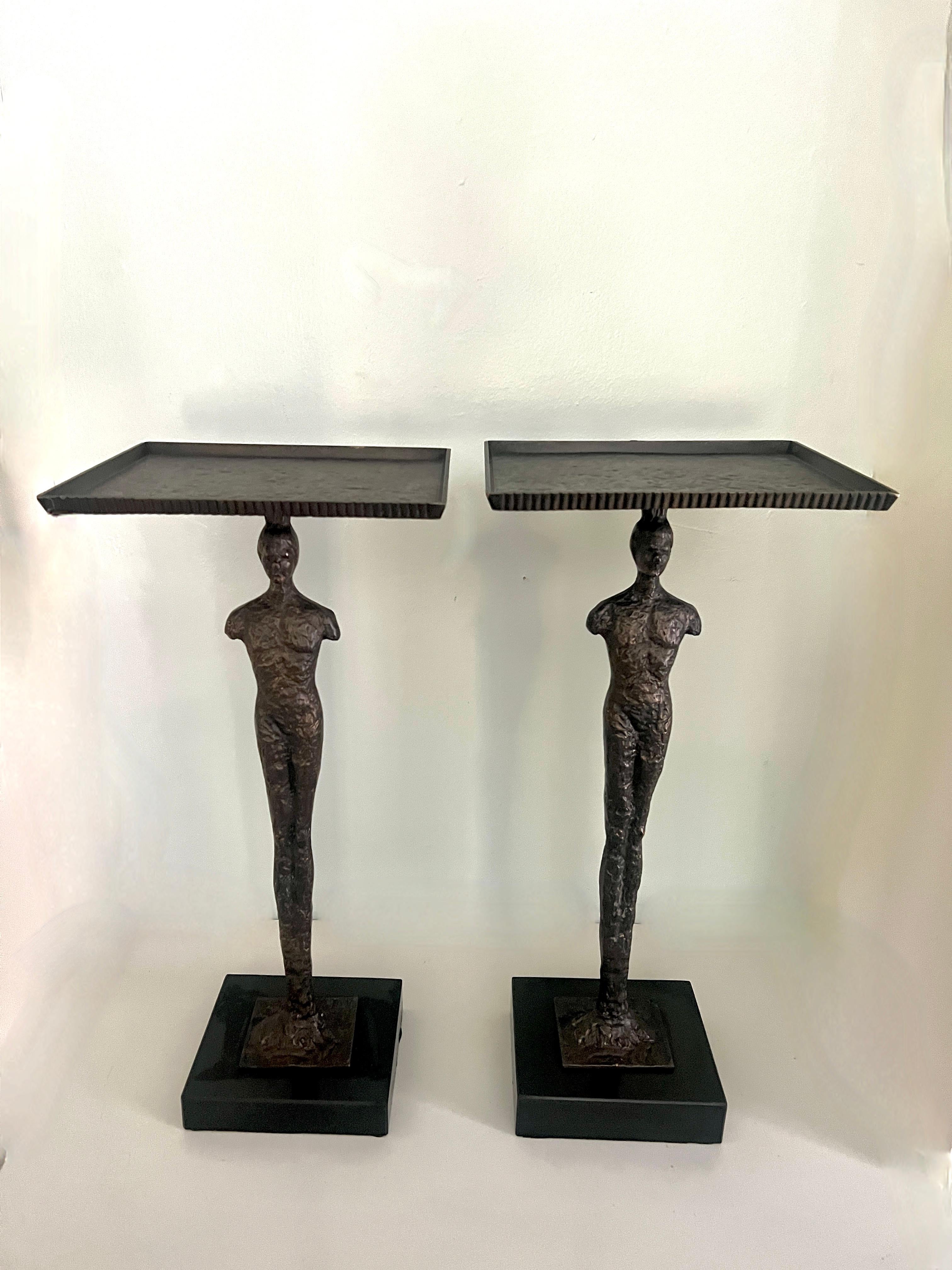 Hand-Crafted Brutalist Tables In the Style of Giacometti with Bronze Finish and Marble Bases