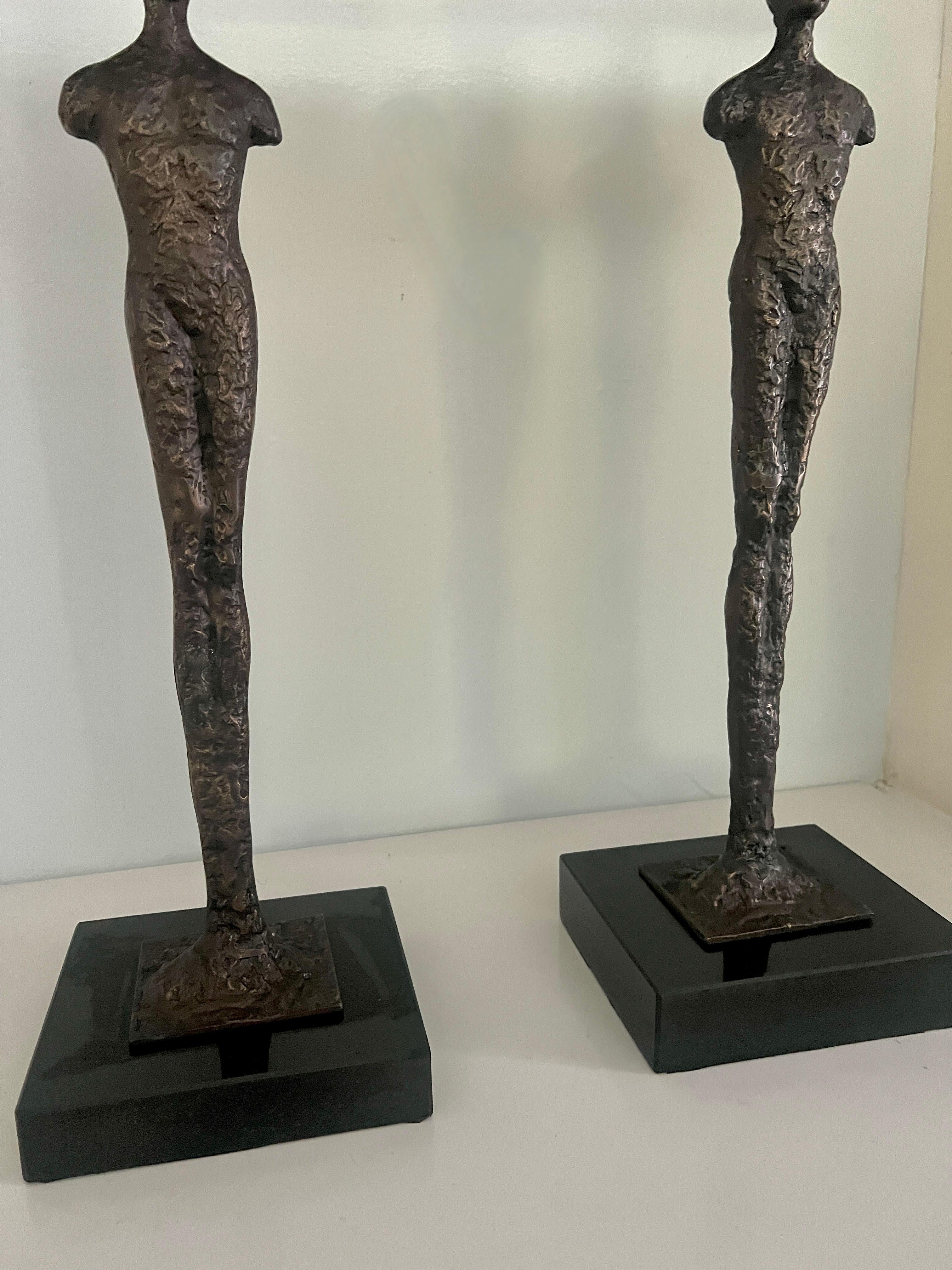20th Century Brutalist Tables In the Style of Giacometti with Bronze Finish and Marble Bases