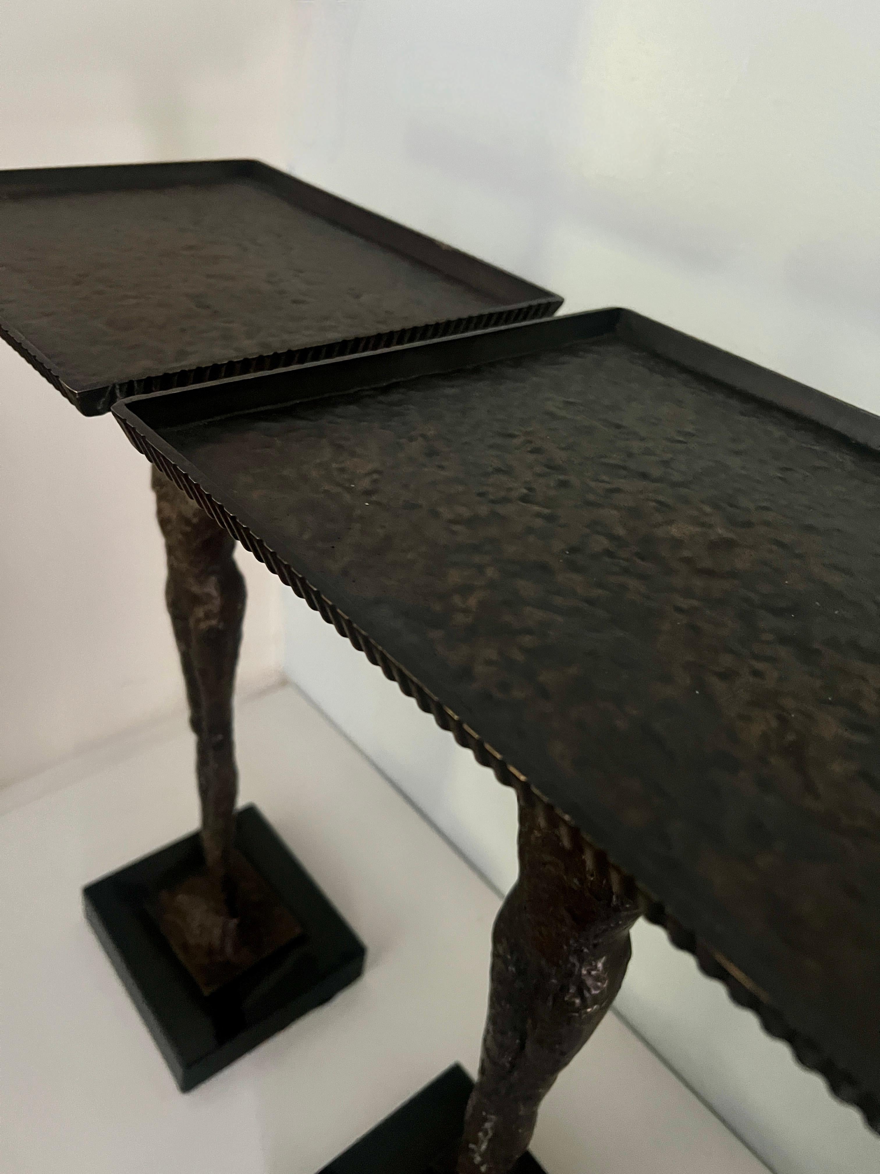 Brutalist Tables In the Style of Giacometti with Bronze Finish and Marble Bases 1