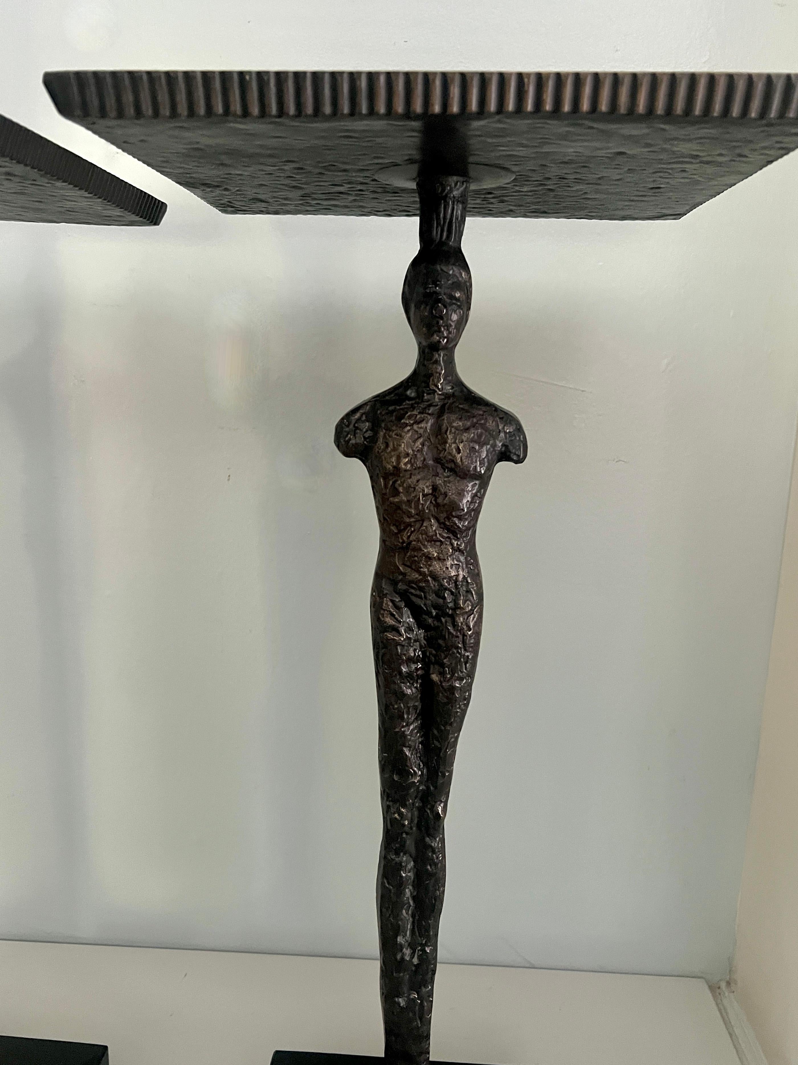Brutalist Tables In the Style of Giacometti with Bronze Finish and Marble Bases 2