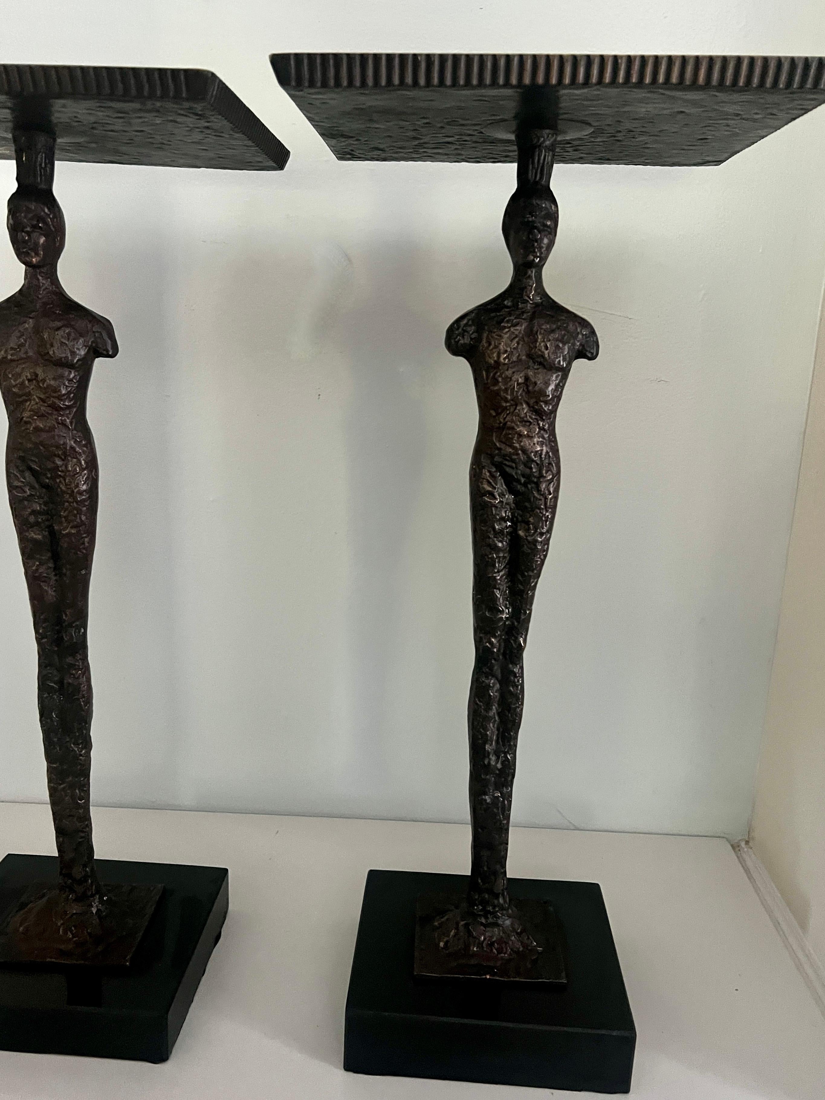 Brutalist Tables In the Style of Giacometti with Bronze Finish and Marble Bases 3