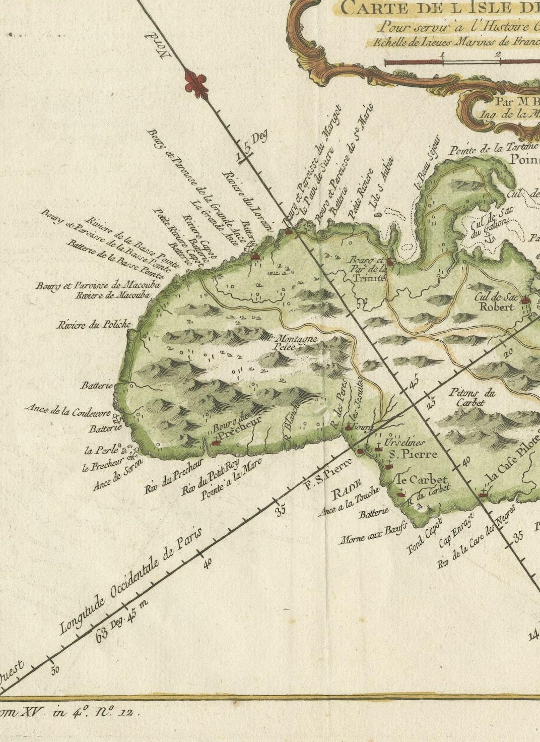 Gravé L'île de Martinique aux Caraïbes par Bellin, carte ancienne originale, 1780 en vente