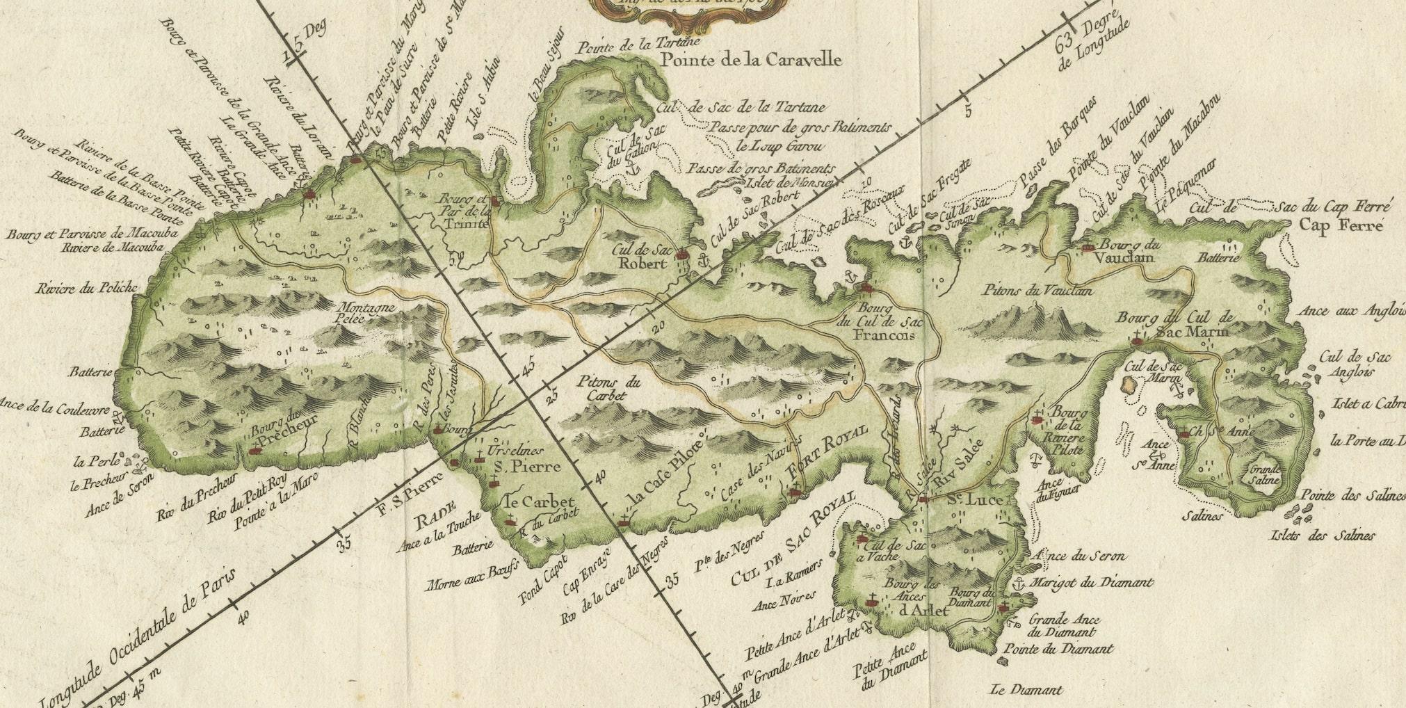 L'île de Martinique aux Caraïbes par Bellin, carte ancienne originale, 1780 Bon état - En vente à Langweer, NL