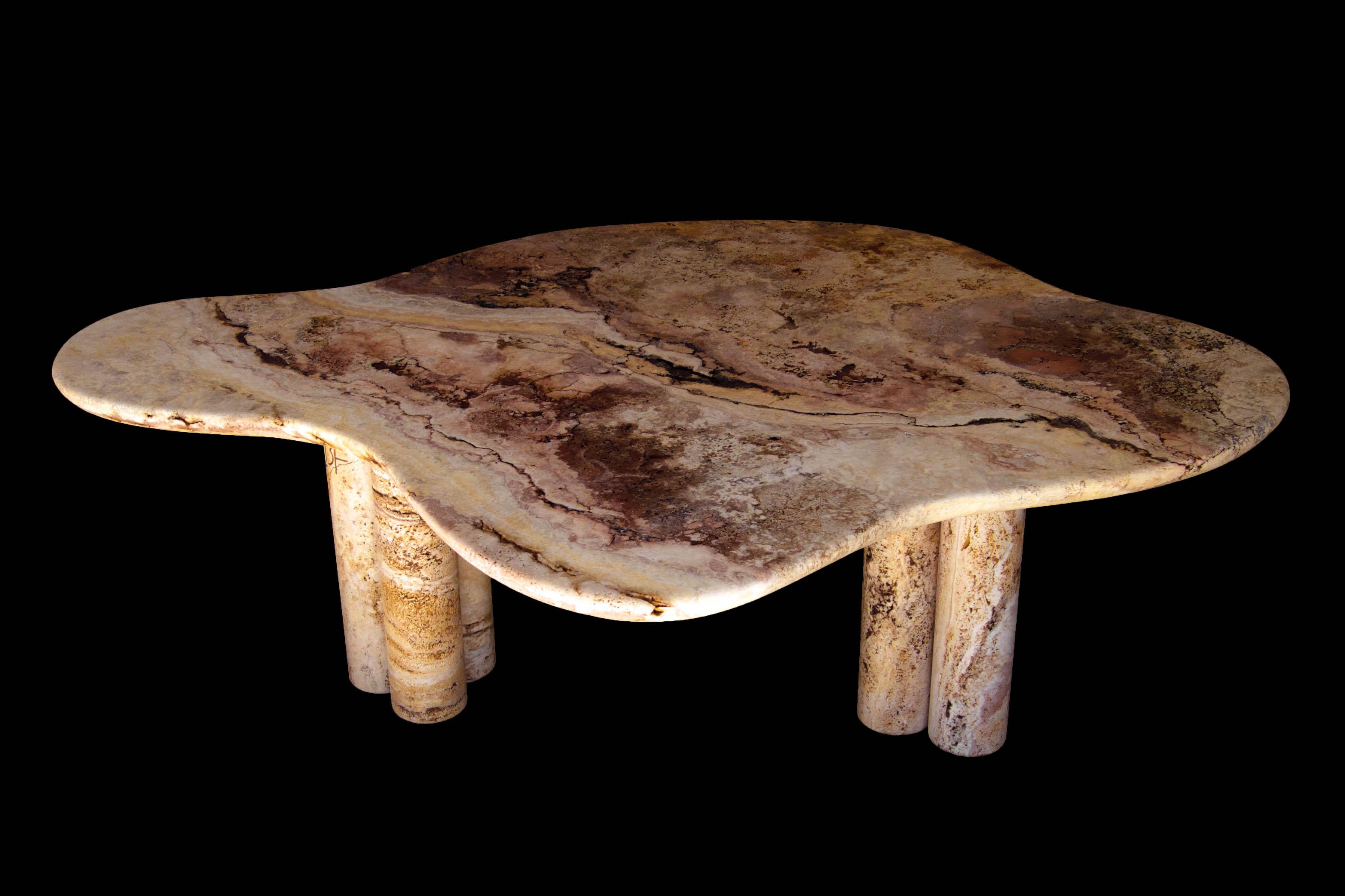 Martinique large coffee table by Jean-Fréderic Bourdier
Dimensions: D 144 x W 106 x H 43.5 cm
Materials: Travertine.
Also available in other height: 38.5 cm.

Mostly guided by his sculptor skills JFB and his life time strong attraction for