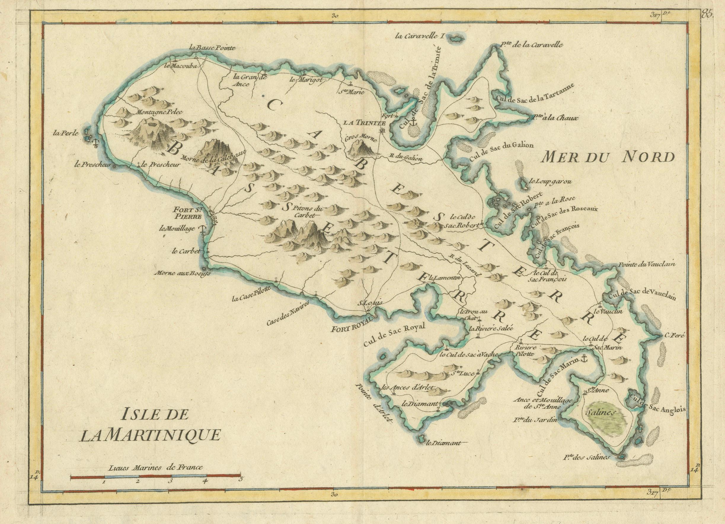 Mapa de Martinica de Rigobert Bonne - Mapa francés antiguo, c.1768 mediados del siglo XVIII en venta