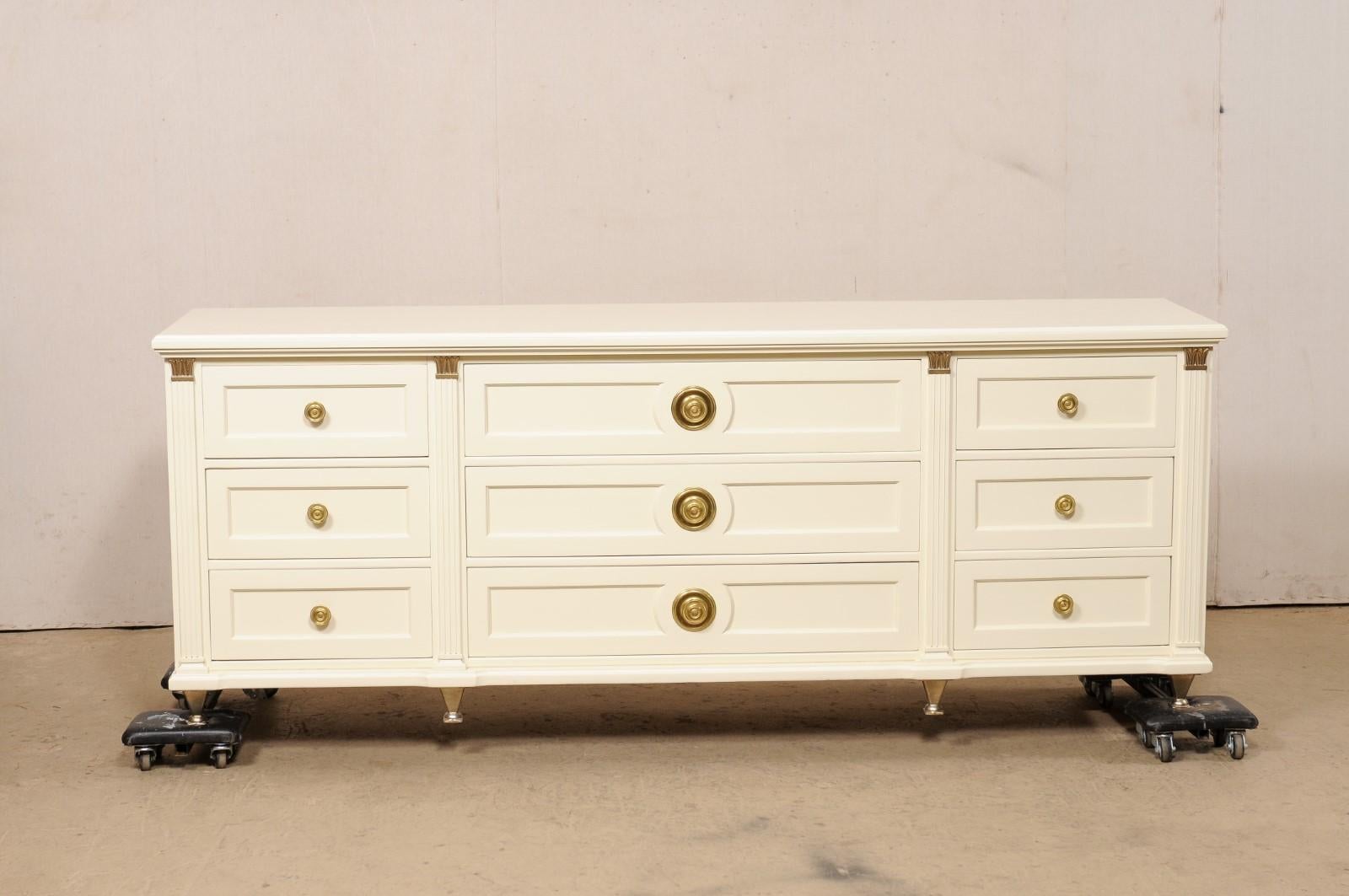 Martinsville 7 Ft Long Chest of Drawers, Ivory with Gold Hardware & Accents For Sale 7