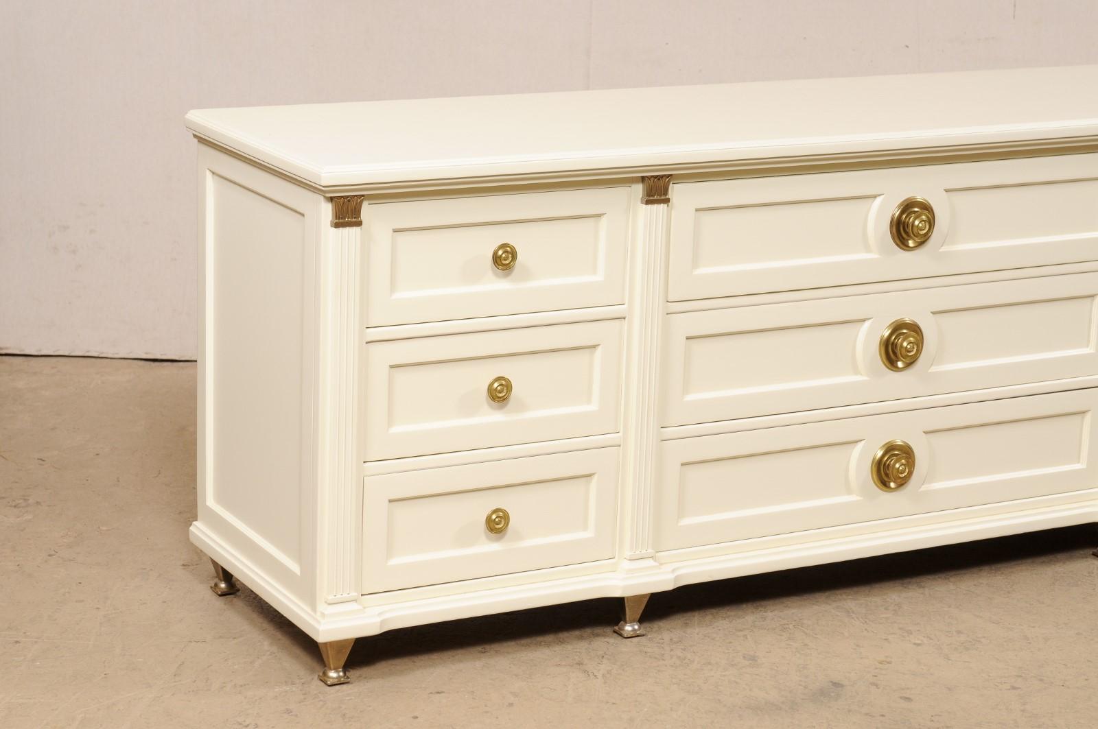 American Martinsville 7 Ft Long Chest of Drawers, Ivory with Gold Hardware & Accents For Sale