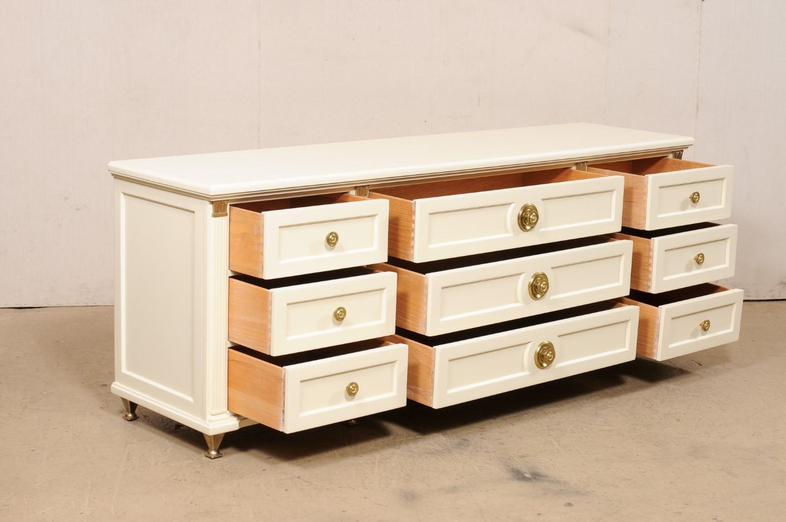 20th Century Martinsville 7 Ft Long Chest of Drawers, Ivory with Gold Hardware & Accents