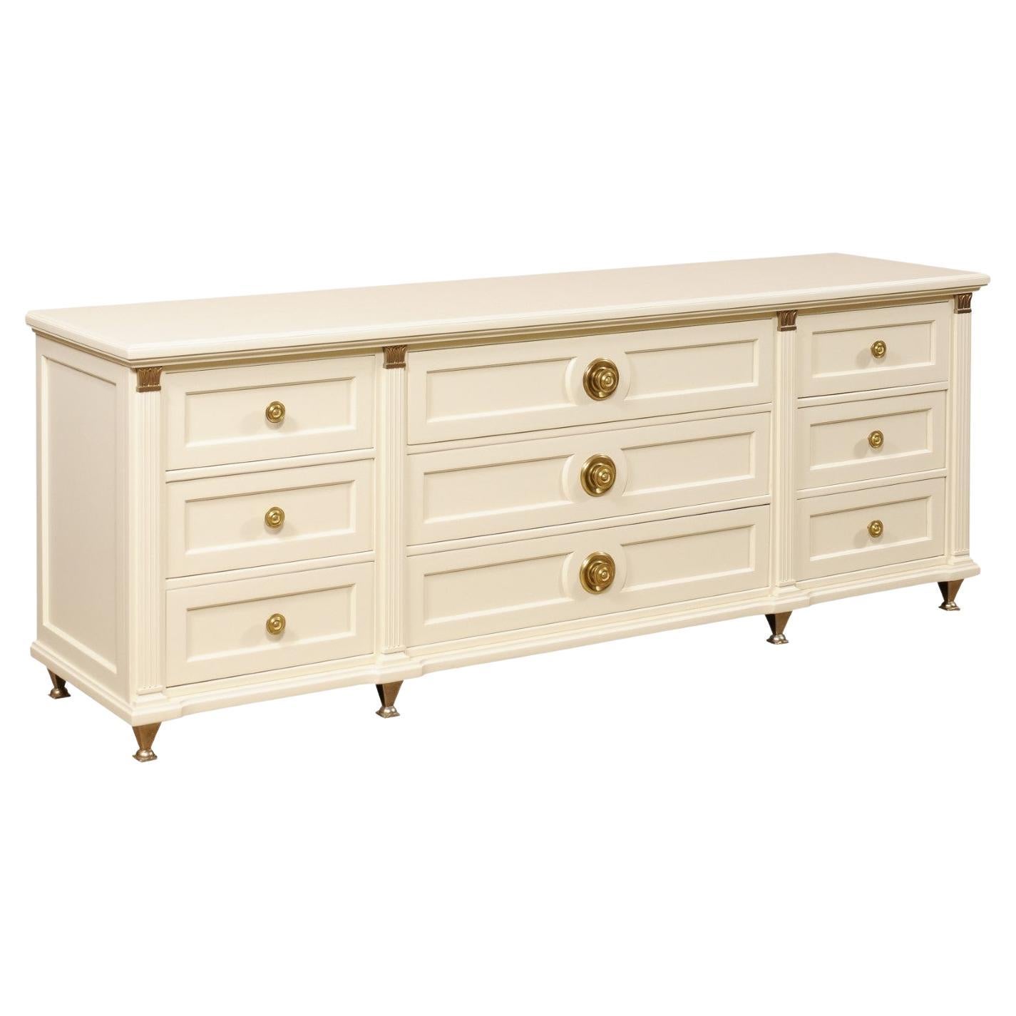 Martinsville 7 Ft Long Chest of Drawers, Ivory with Gold Hardware & Accents For Sale