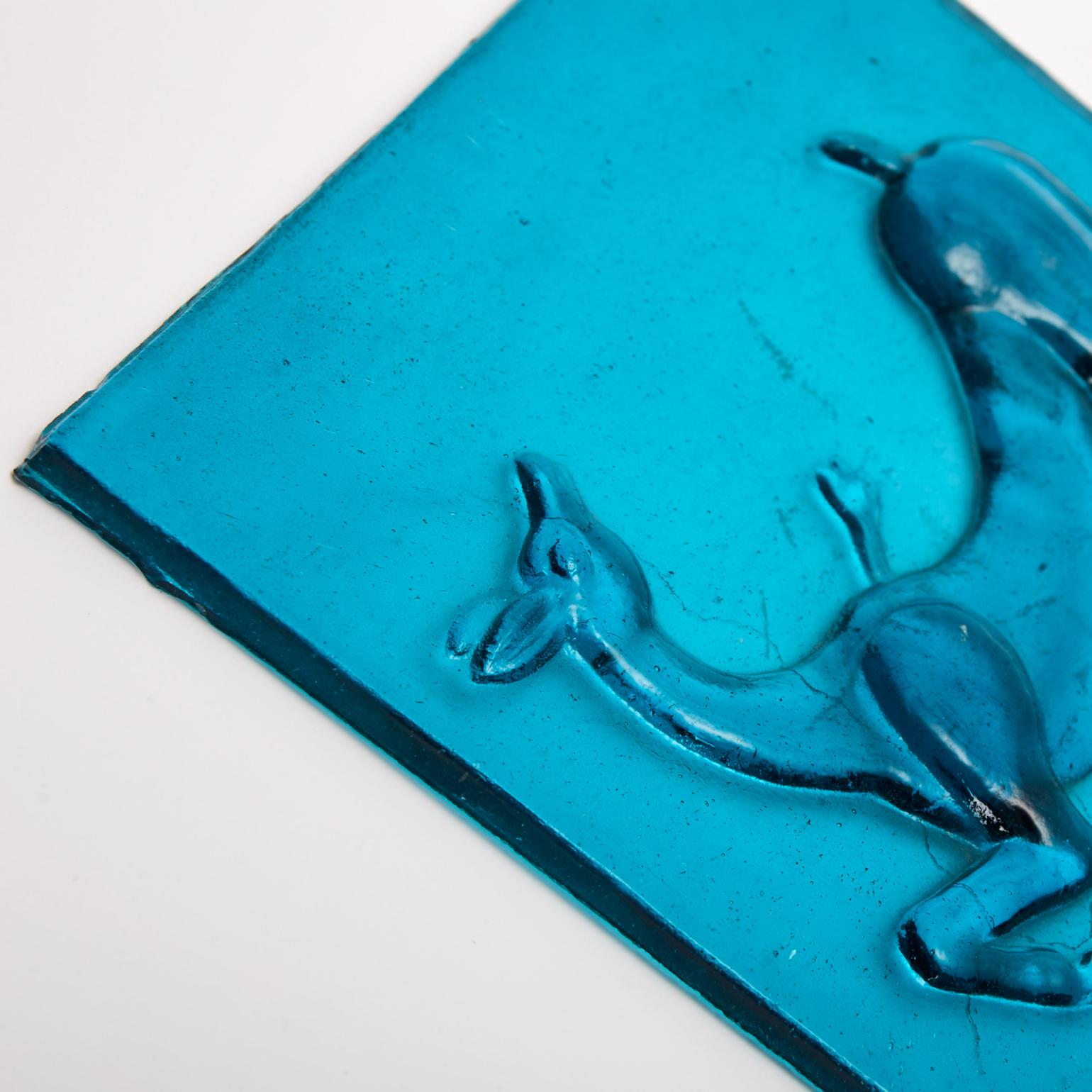 Italian 1930's Aqua Blue Glass Tile of Gazelle by Napoleone Martinuzzi For Sale