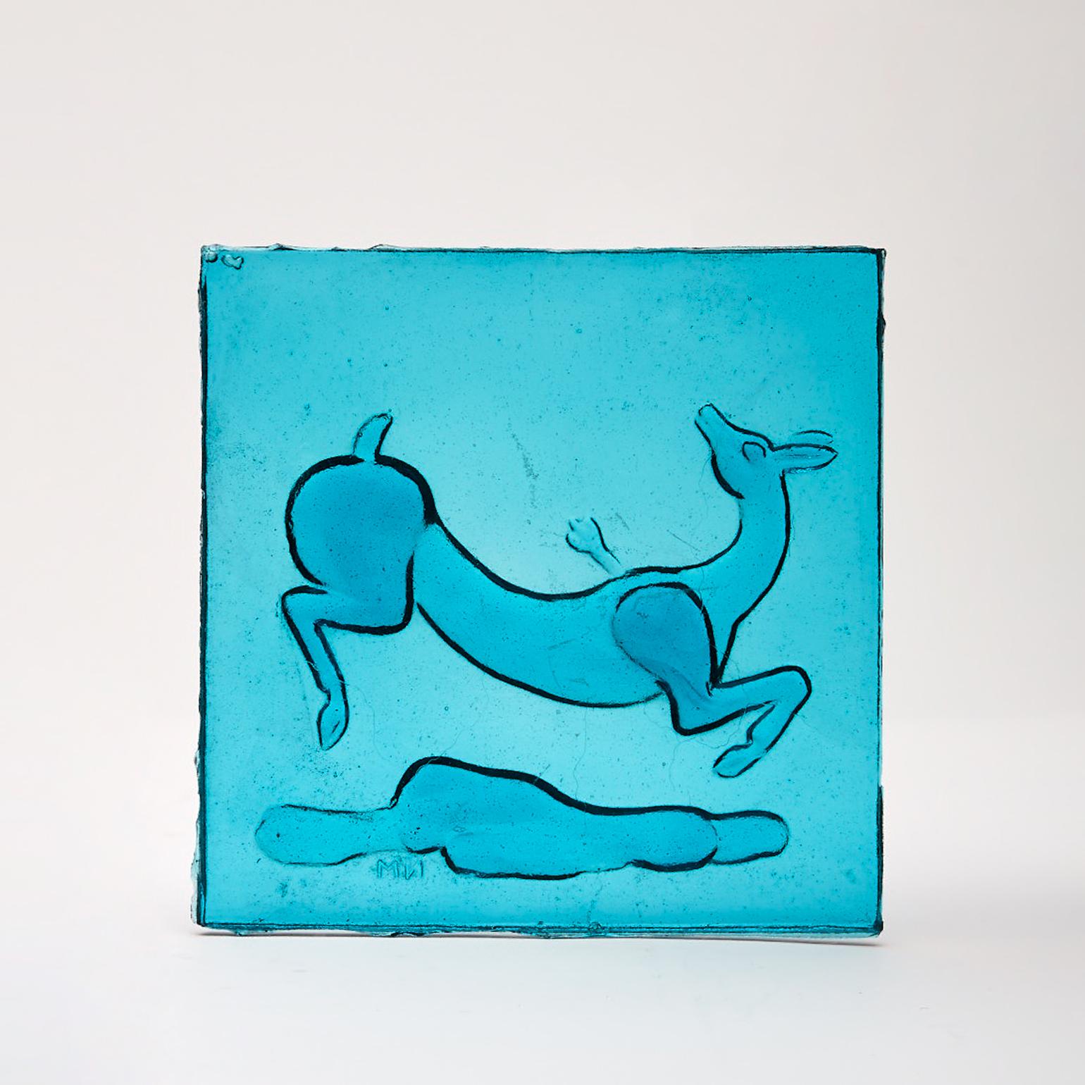 Mid-20th Century 1930's Aqua Blue Glass Tile of Gazelle by Napoleone Martinuzzi For Sale