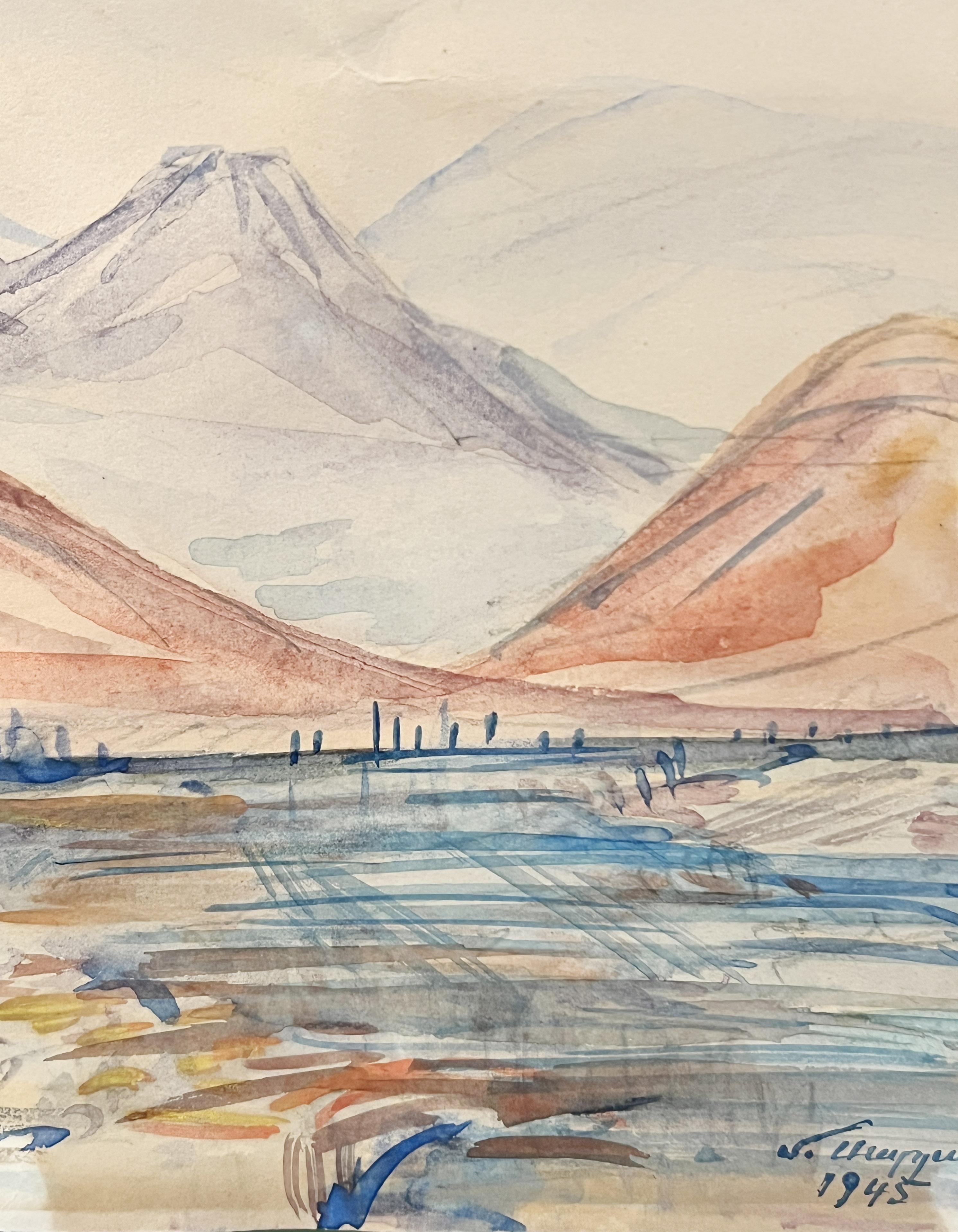 Esta acuarela muestra el majestuoso monte Ararat, visto desde el valle donde residía el artista. Ejemplifica el estilo distintivo de Martiros Saryan, mostrando su profunda conexión con su tierra natal. La pieza se caracteriza por sus tonos suaves y