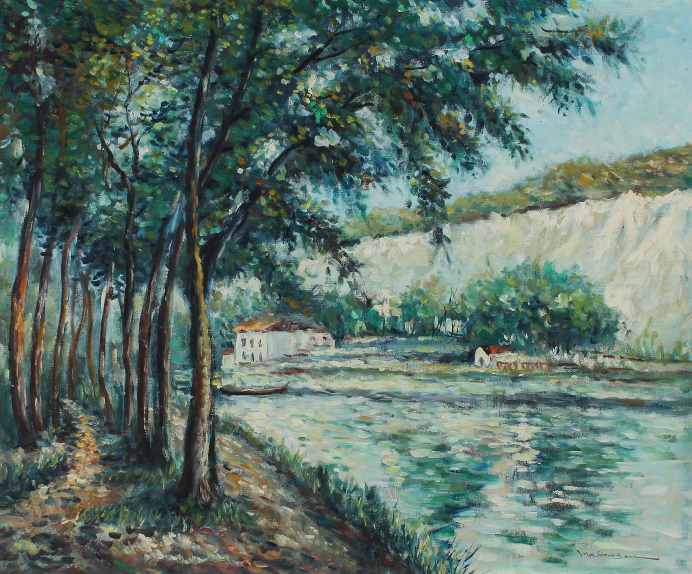 Martison - Olio contemporaneo incorniciato, Lungo la riva del fiume in vendita 2