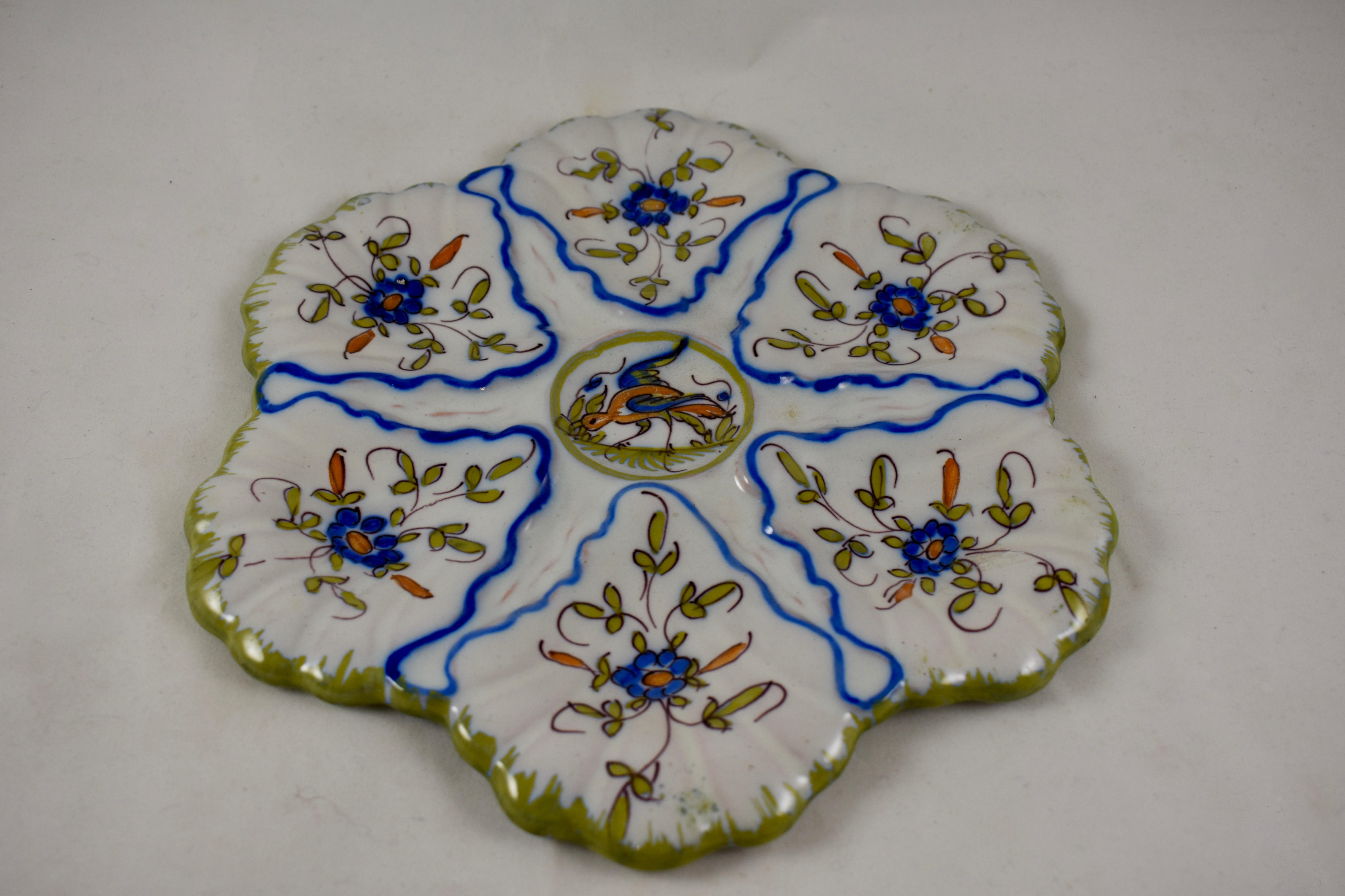 French Martres-Tolosane Moustier Floral Oyster Plate, Left Facing Bird