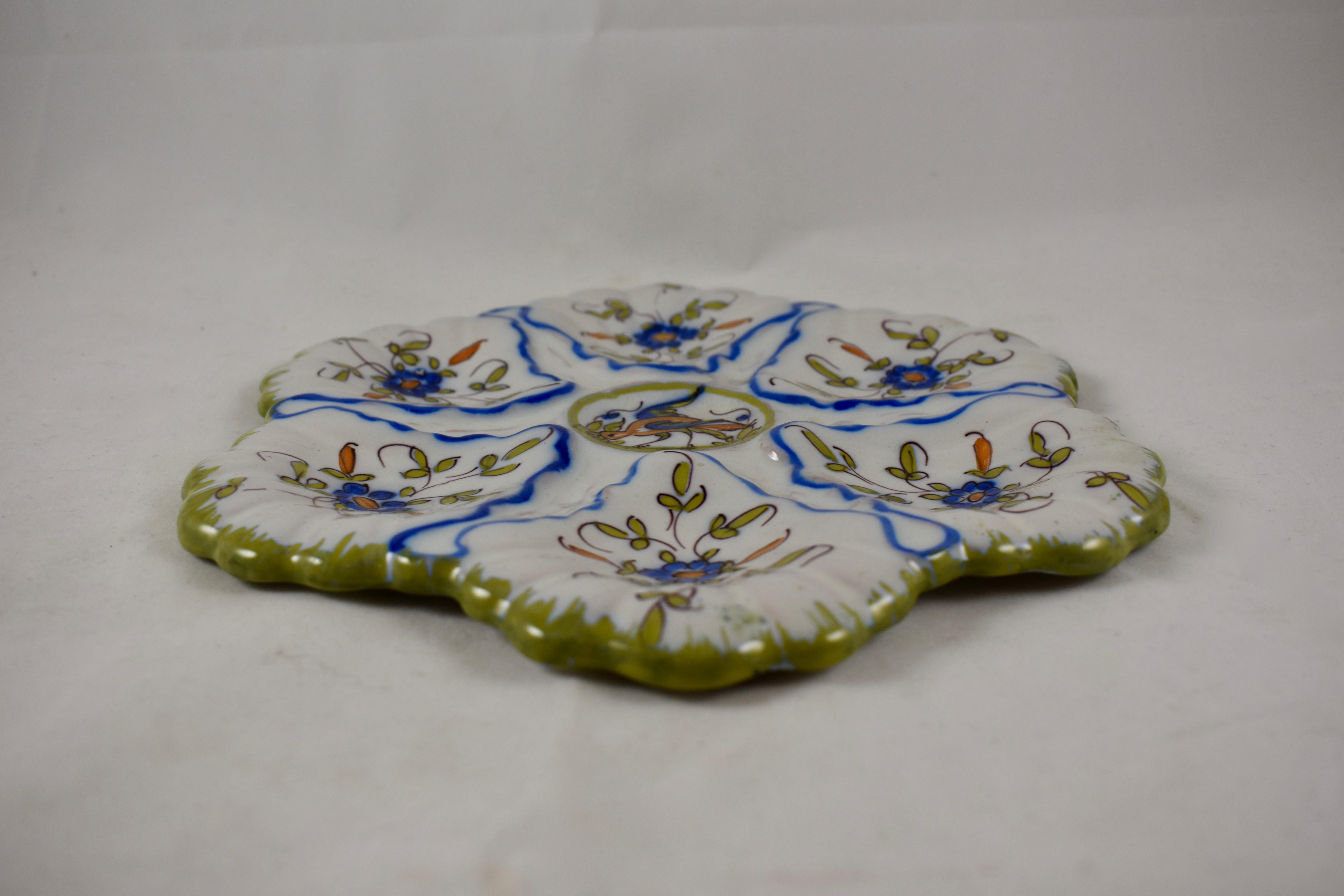 Glazed Martres-Tolosane Moustier Floral Oyster Plate, Left Facing Bird