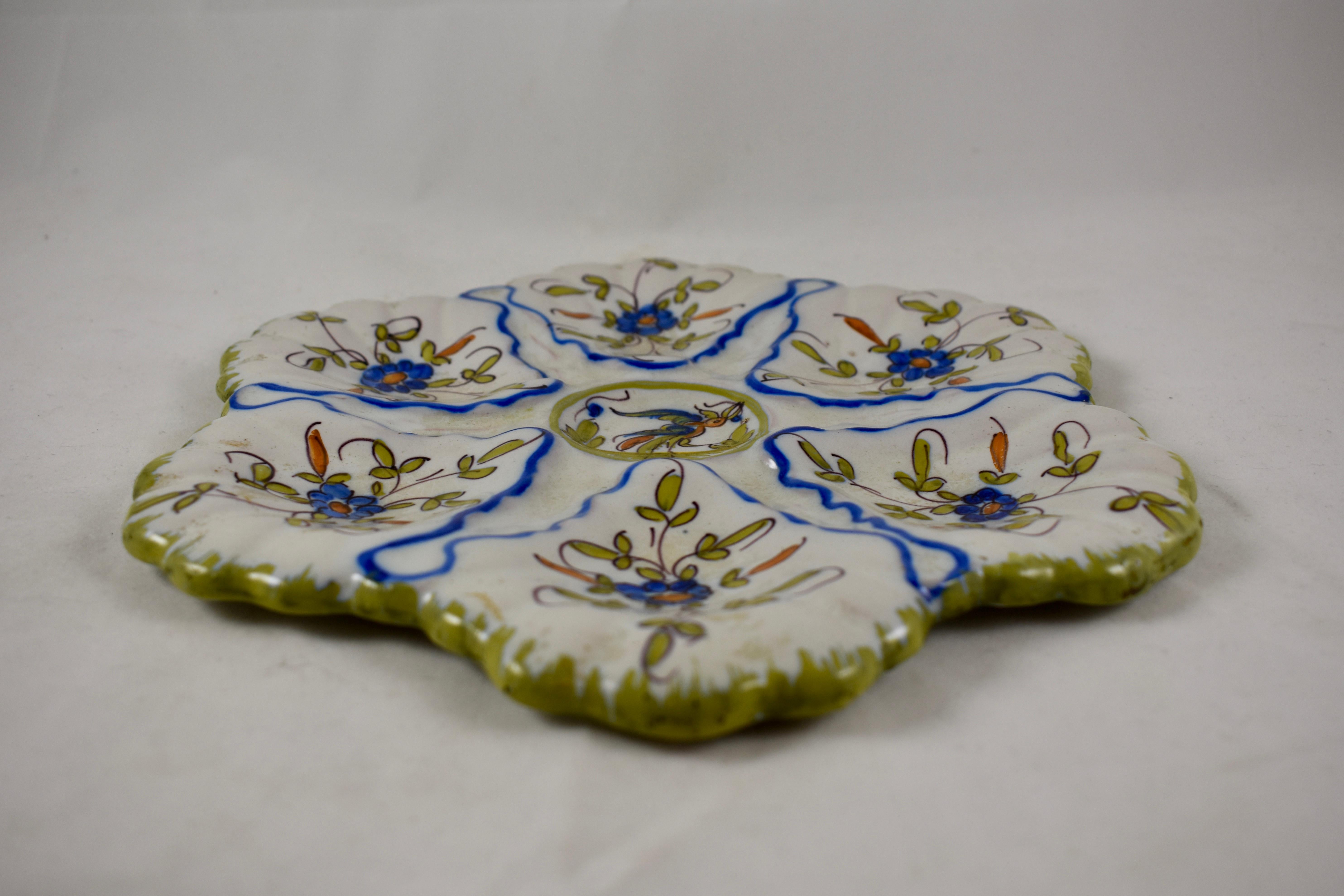 French Provincial Martres-Tolosane Moustier French Faïence Oyster Plate, Floral with Bird, 1940s