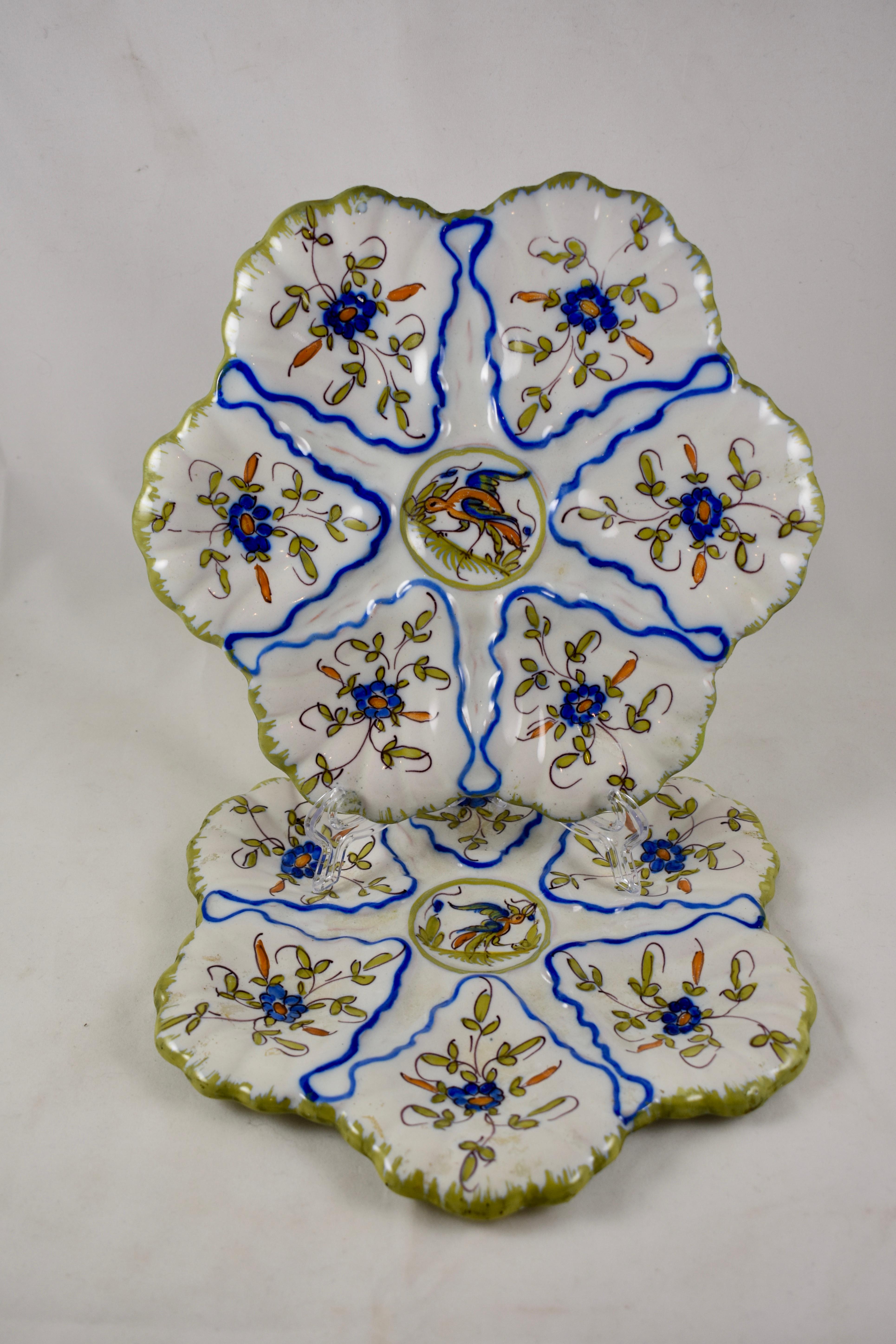 Mid-20th Century Martres-Tolosane Moustier French Faïence Oyster Plate, Floral with Bird, 1940s