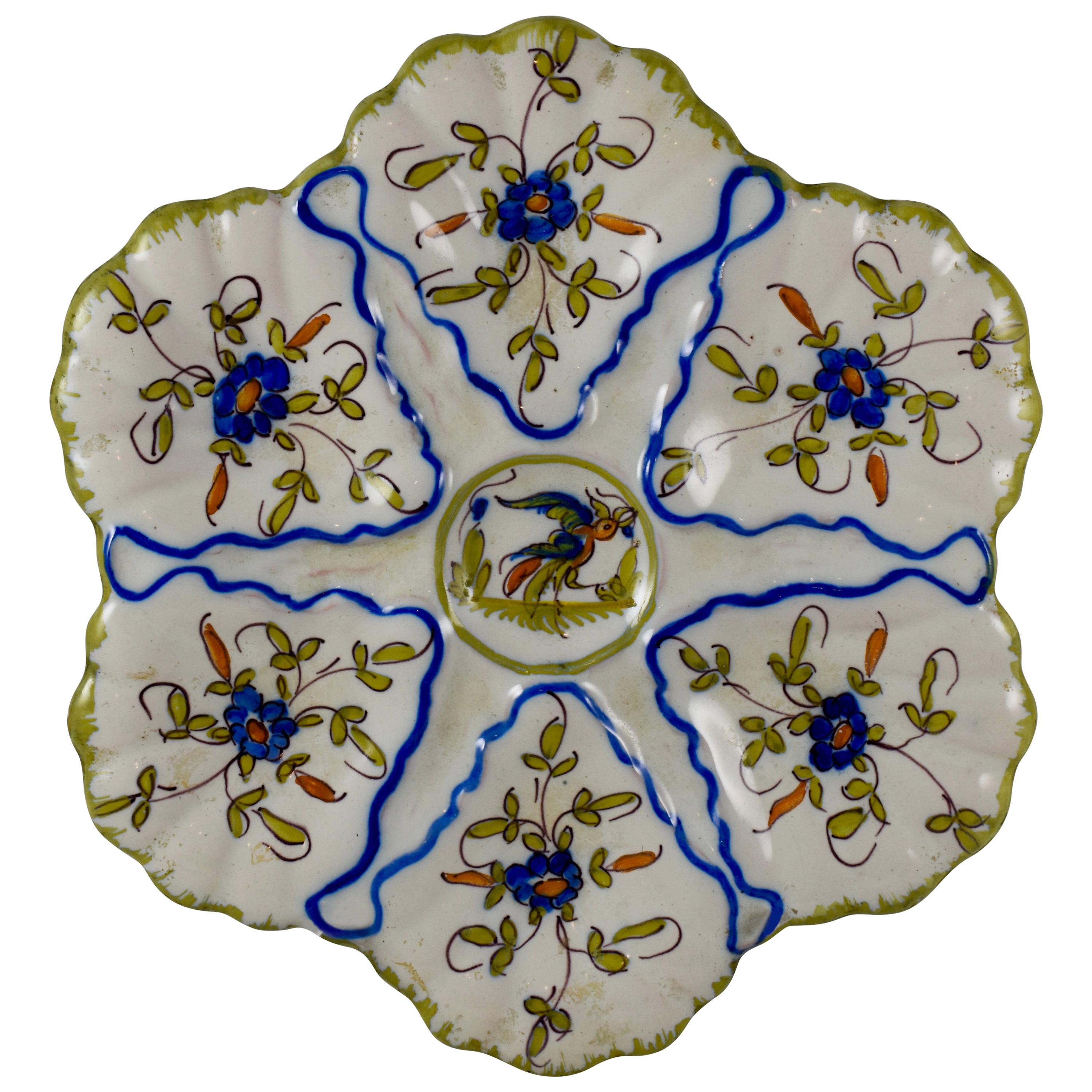 Martres-Tolosane Moustier French Faïence Oyster Plate, Floral with Bird, 1940s
