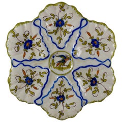 Vintage Martres-Tolosane Moustier French Faïence Oyster Plate, Floral with Bird, 1940s