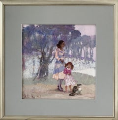 Una passeggiata con il gatto. Pittura figurativa a olio, colori a pastello, artista polacco