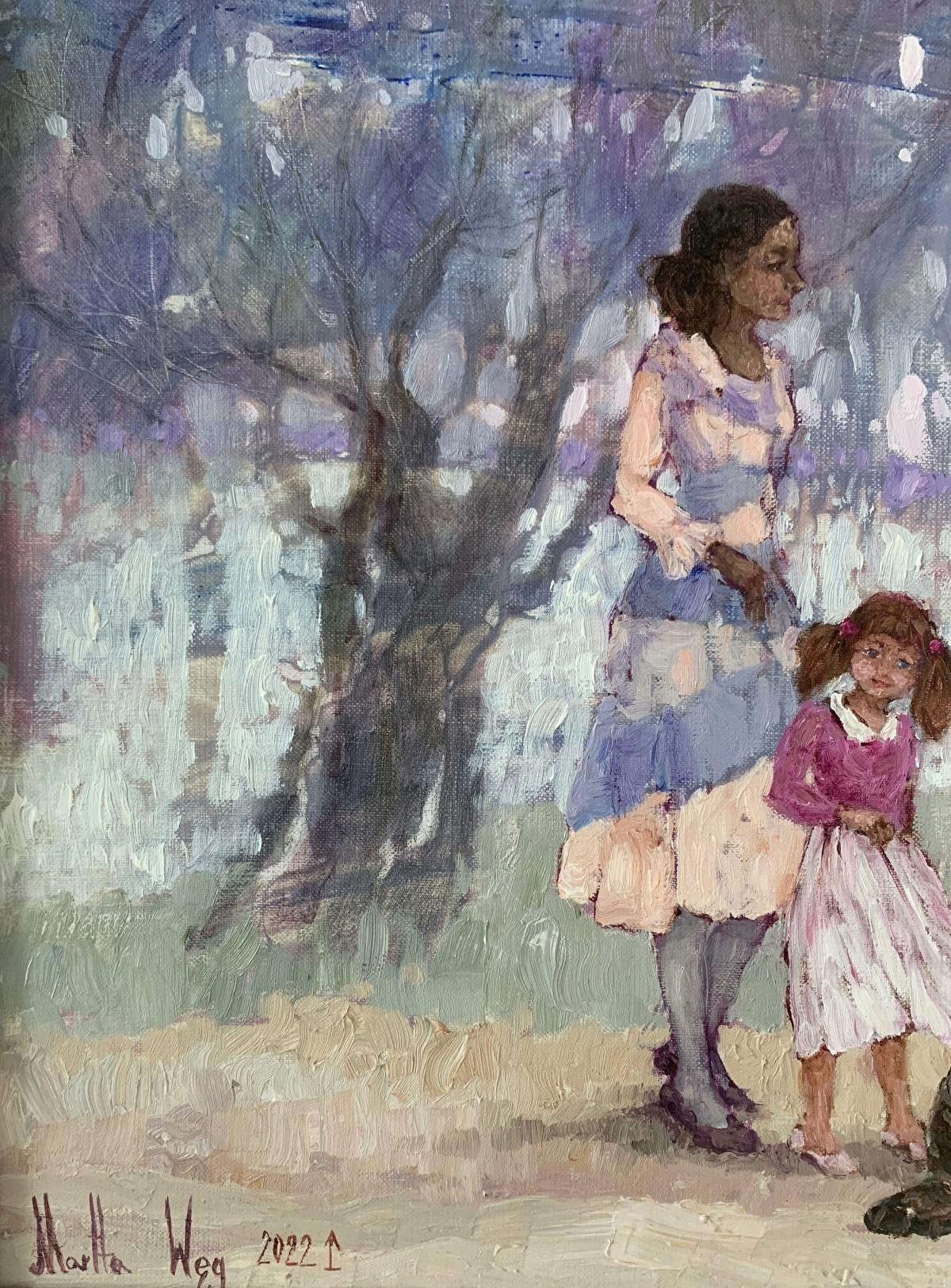 Un paseo con el gato Pintura figurativa al óleo, Colores pastel, Artista polaco - Painting Otro estilo de arte de Martta Węg