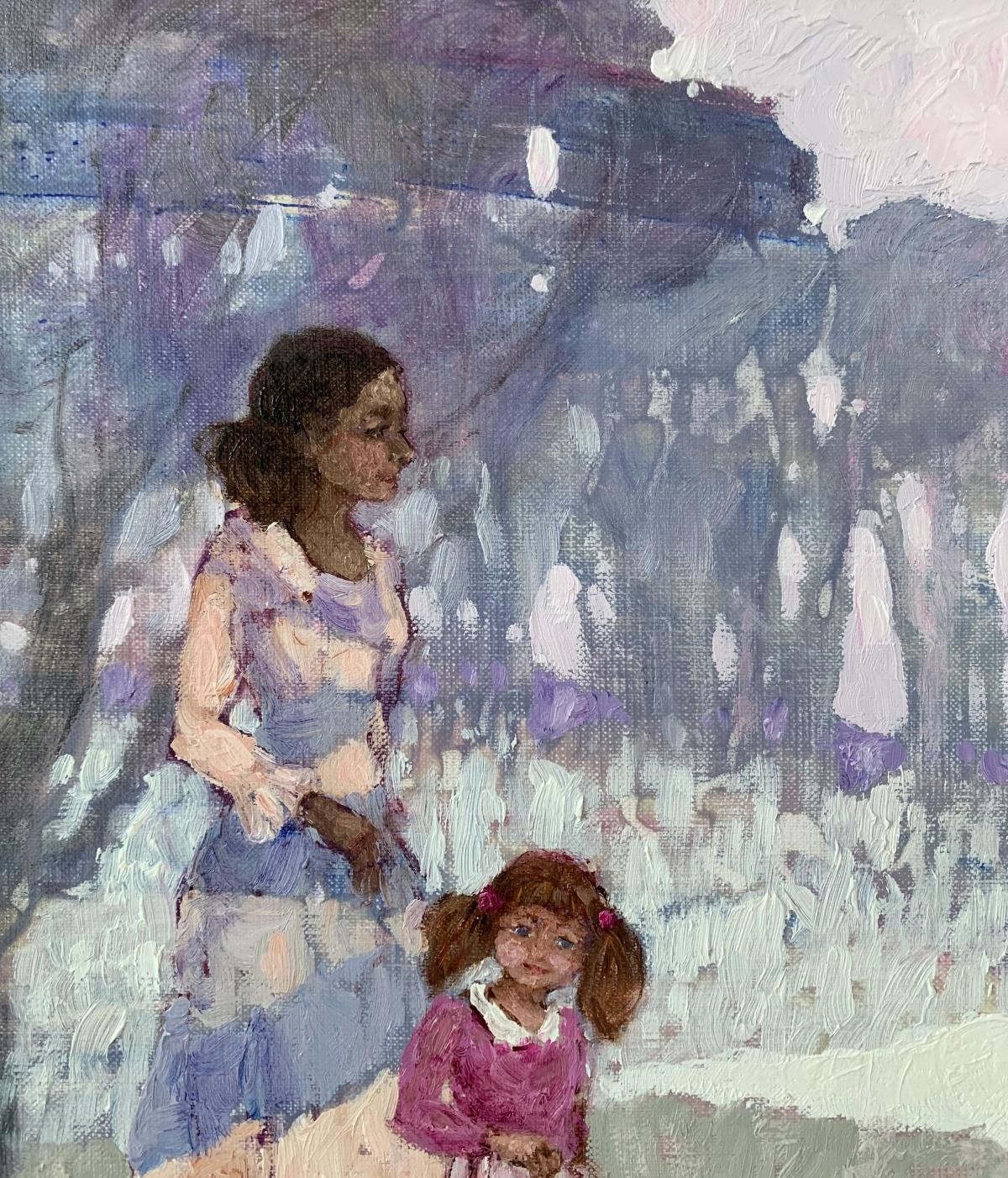 Un paseo con el gato Pintura figurativa al óleo, Colores pastel, Artista polaco - Figurative Painting Gris de Martta Węg