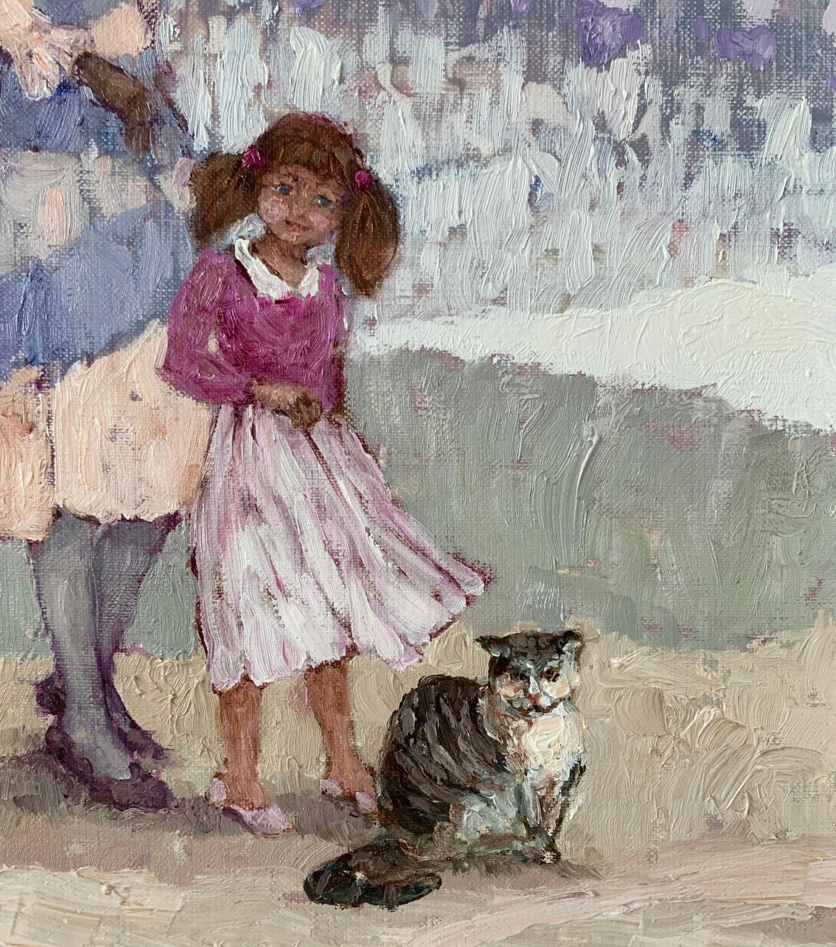 Un paseo con el gato Pintura figurativa al óleo, Colores pastel, Artista polaco en venta 1