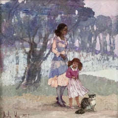 A walk with the cat. Oil figurative painting, Pastel colors, Polish artist