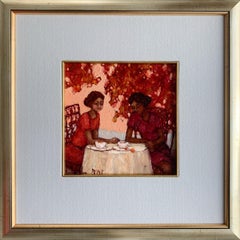 Tè d'autunno. Pittura figurativa ad olio, Colori vibranti monocromatici, Artista polacco