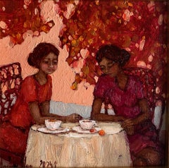 Té de otoño. Pintura figurativa al óleo, Colores vibrantes monocromáticos, Artista polaco