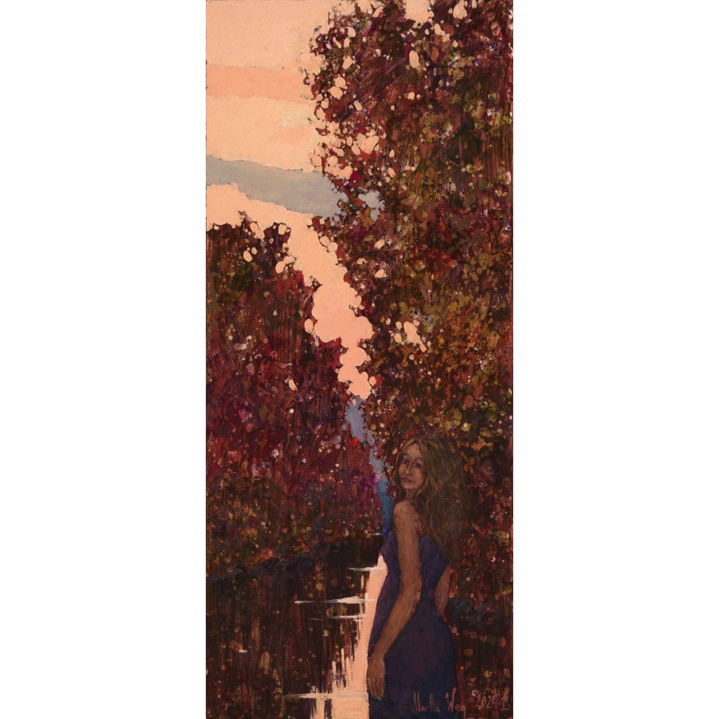 Figurative Painting Martta Węg - Crépuscule sur la Pilica : Peinture à l'huile originale d'un artiste polonais contemporain